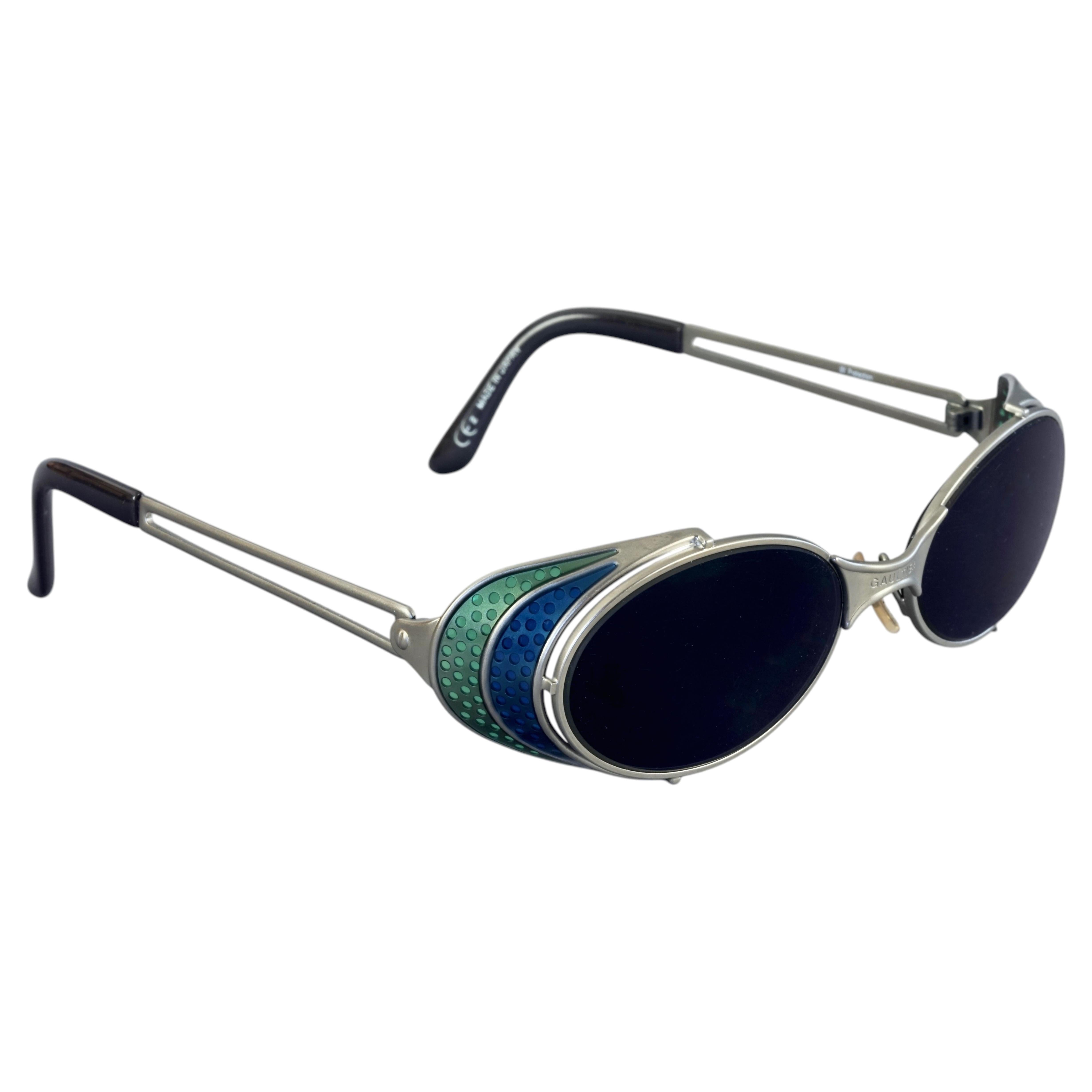 Lunettes de soleil vintage JEAN PAUL GAULTIER Steampunk bleu vert émail argenté