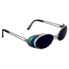 Vintage JEAN PAUL GAULTIER Steampunk Blue Green Enamel Silver Tone Sunglasses