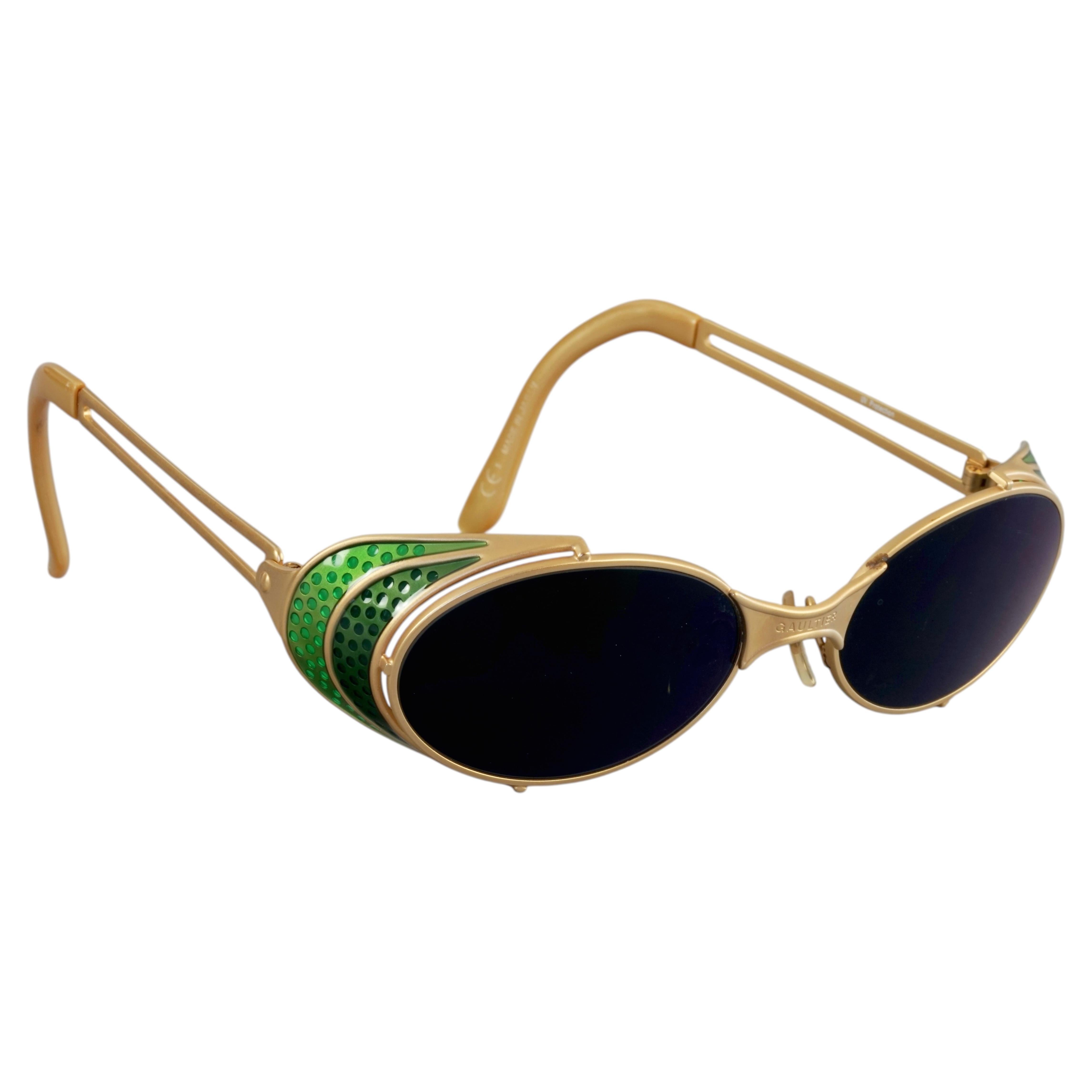 Vintage JEAN PAUL GAULTIER Steampunk Green Enamel Gold Tone Sunglasses