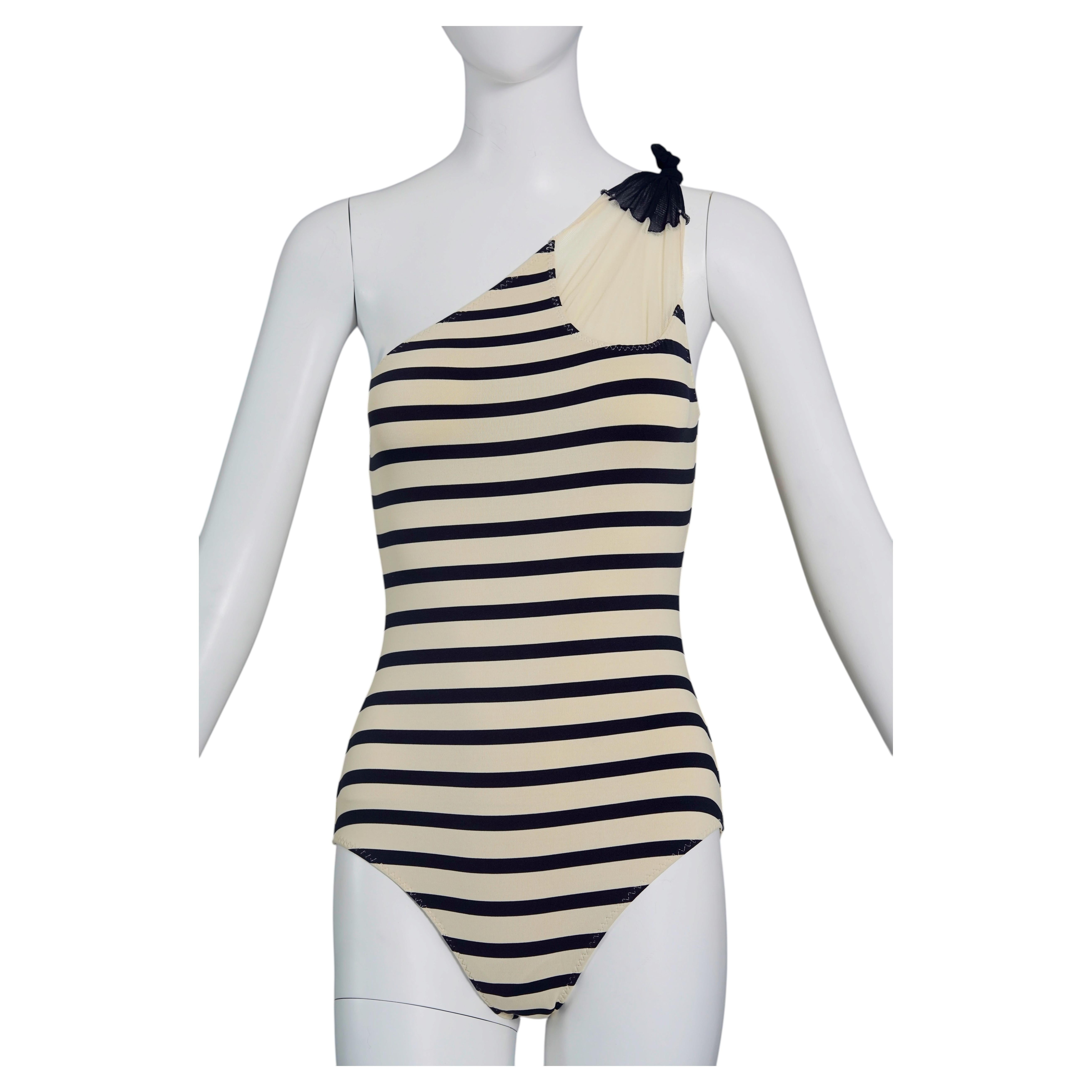 Vintage JEAN PAUL GAULTIER Stripe Boob Novelty One Shoulder Bodysuit Swimsuit en vente