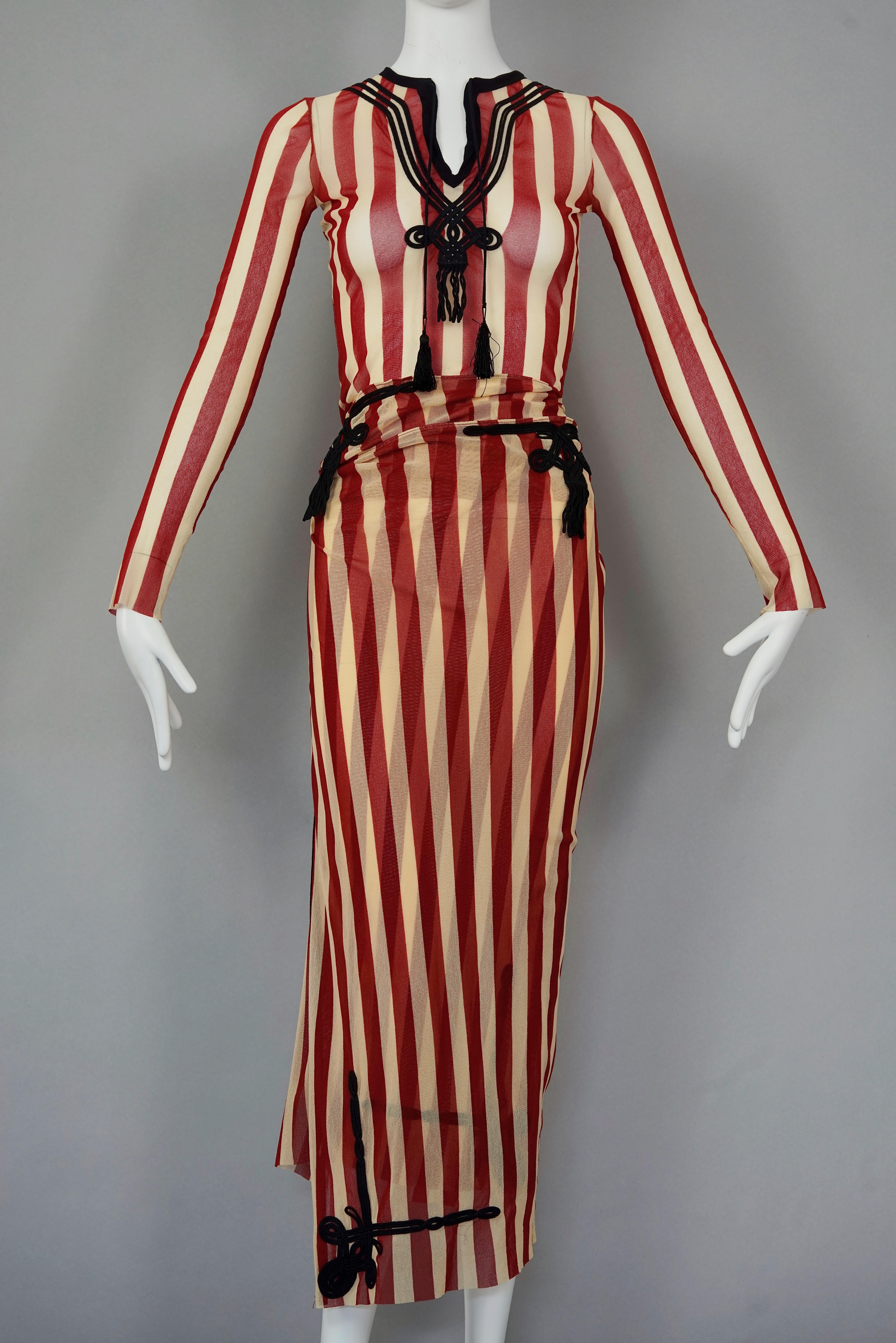 Vintage JEAN PAUL GAULTIER Stripe Passementerie Tassel Sheer Top and Pareo Set

Measurements taken laid flat, double bust and waist:
Shoulders: 13.78 inches (35 cm) without stretching
Sleeves: 24.80 inches (63 cm)
Bust: 15.75 inches (40 cm) without