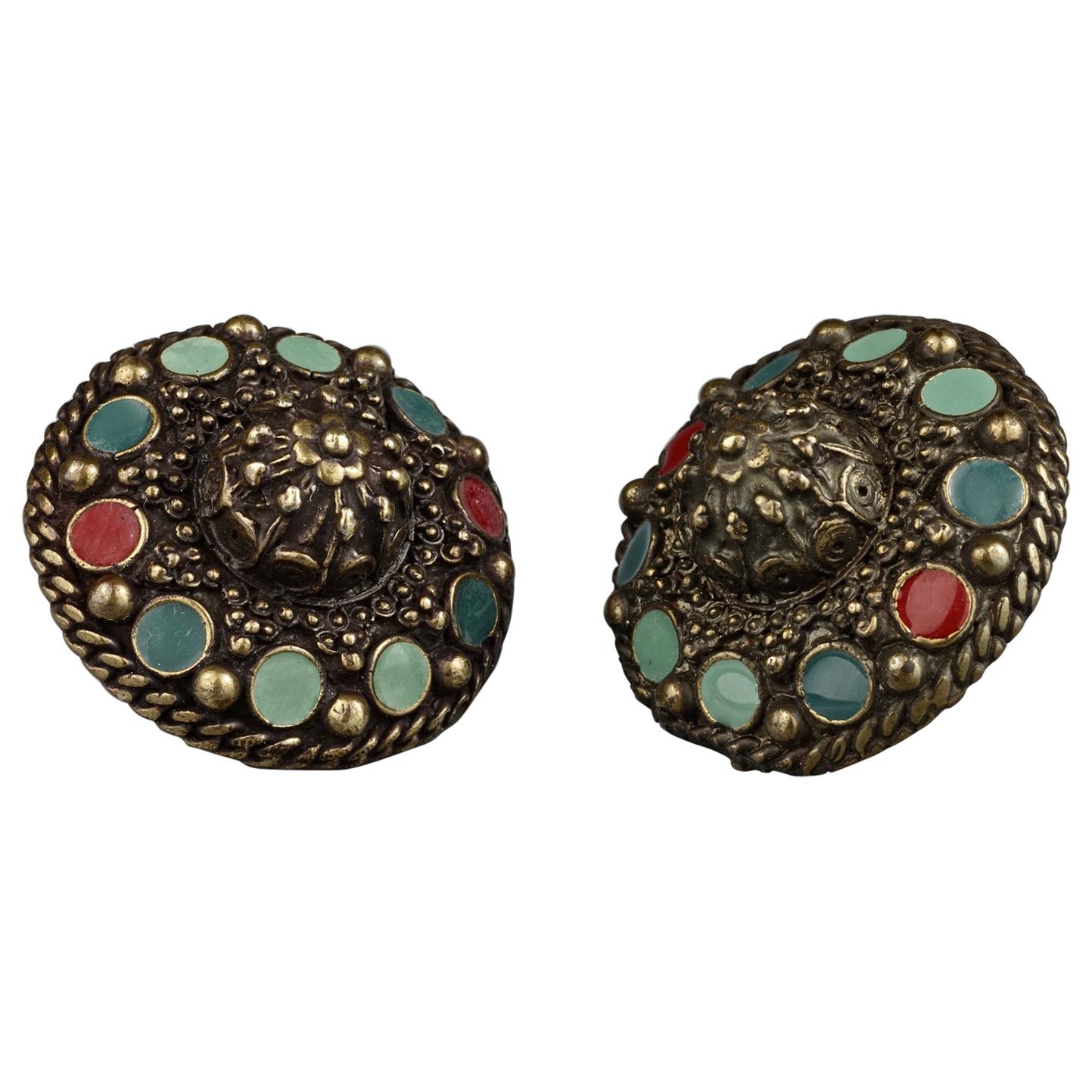 Vintage JEAN PAUL GAULTIER Tribal Enamel Disc Earrings For Sale