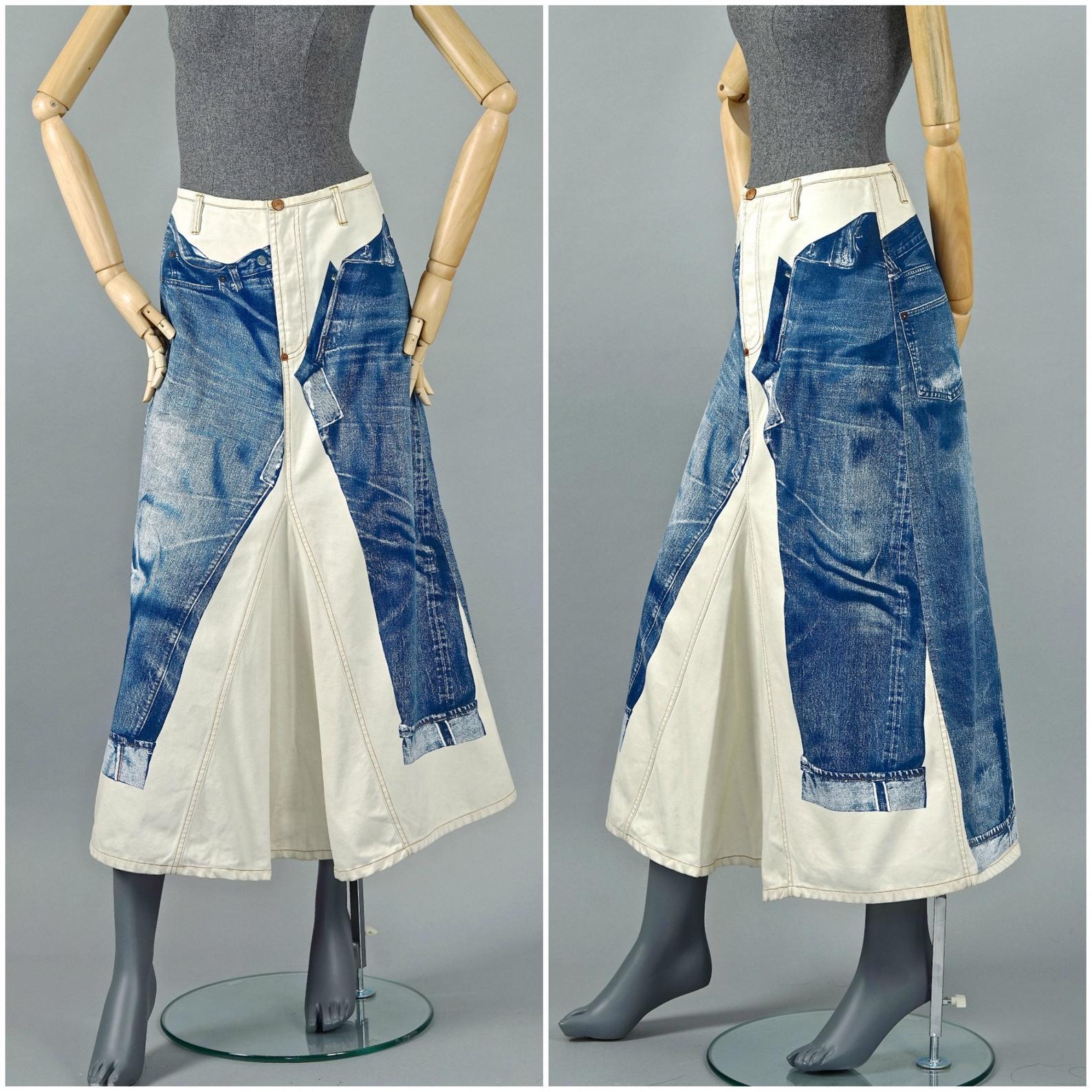 Vintage JEAN PAUL GAULTIER Trompe L'oeil Illusion Denim Pants Skirt

Measurements taken laid flat, please double waist and hips:
Waist: 13.38 inches (34 cm)
Hips: 20.07 inches (51 cm)
Length: 35.03 inches (89 cm)

Features:
- 100% Authentic JEAN