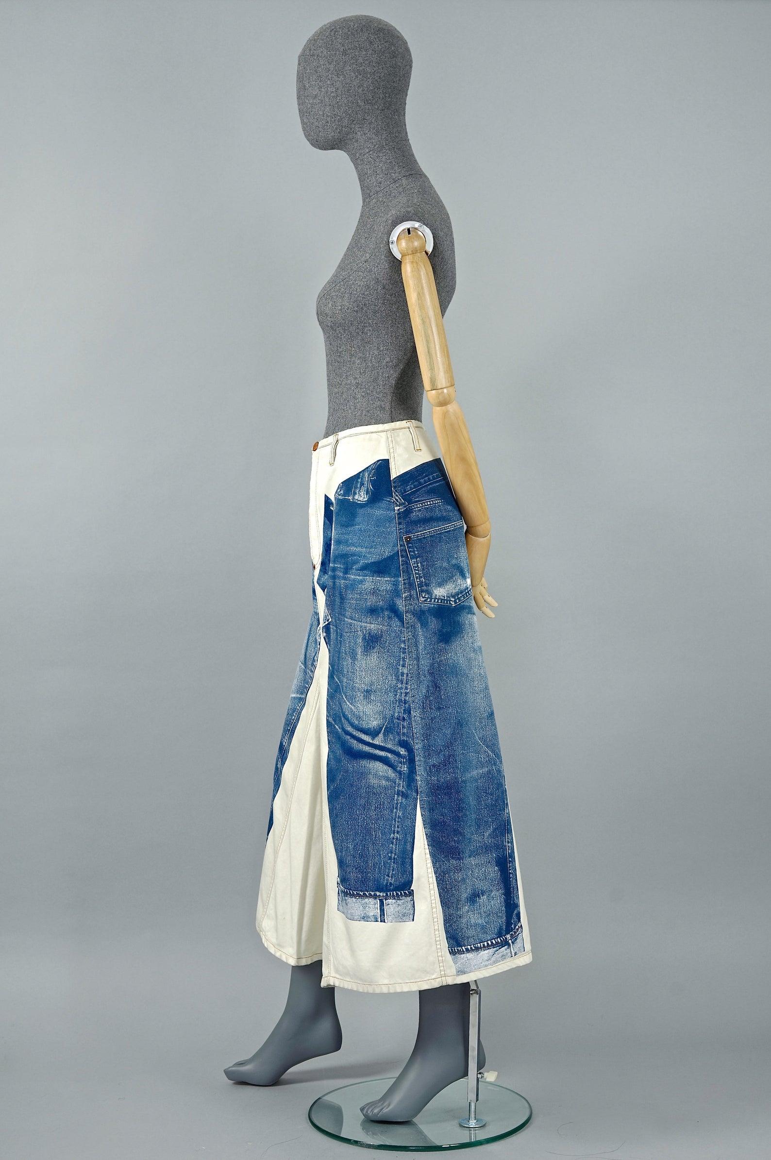 Vintage JEAN PAUL GAULTIER Trompe L'oeil Illusion Denim Pants Skirt In Good Condition In Kingersheim, Alsace