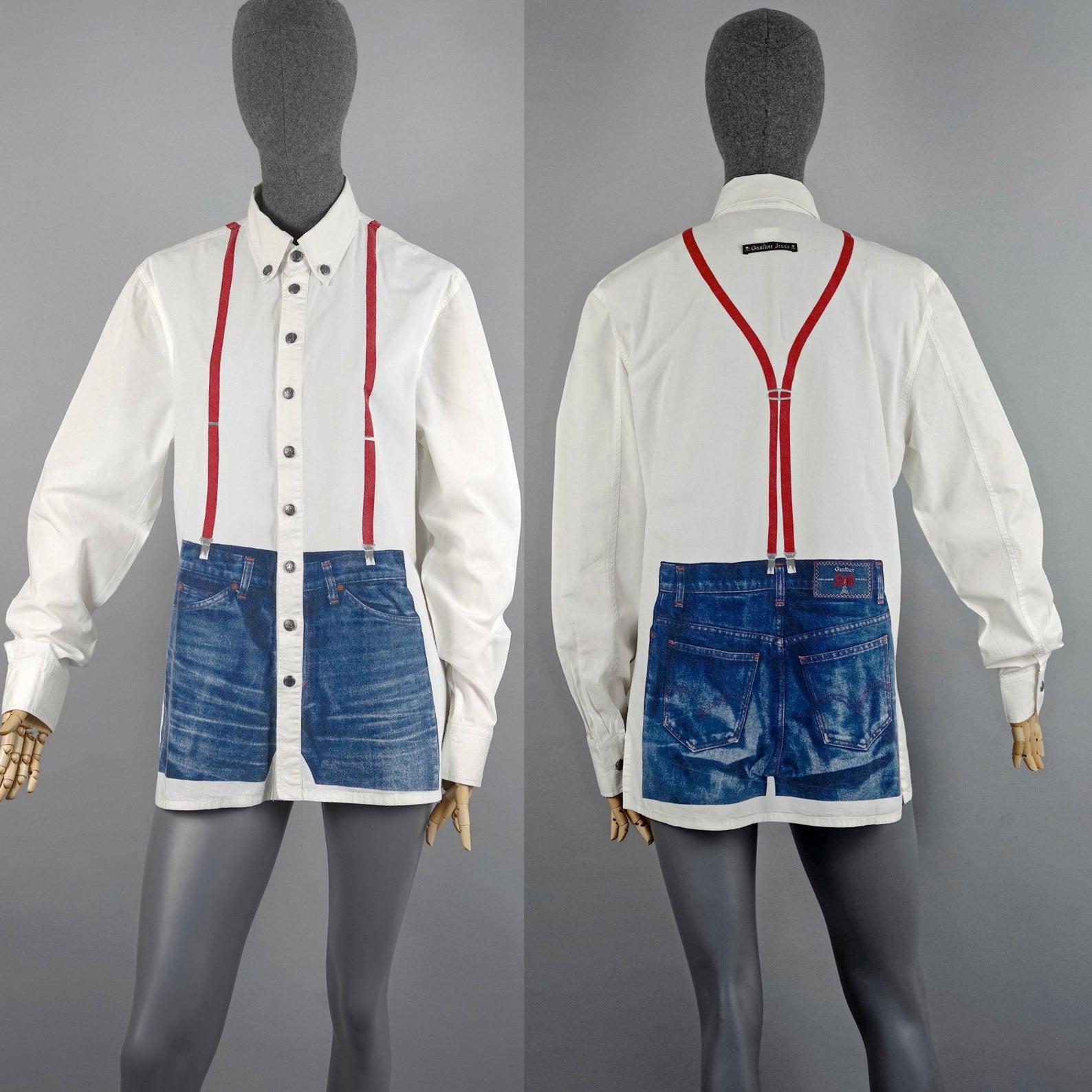 Vintage JEAN PAUL GAULTIER Trompe L'oeil Illusion Denim Suspender Long Sleeves Shirt Top

Measurements taken laid flat, please double waist and hips:
Shoulder: 16.92 inches (43 cm)
Sleeves: 25.39 inches (64.5 cm)
Bust: 20.86 inches (53 cm)
Waist:
