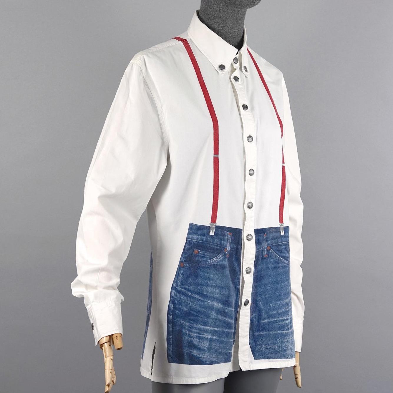 Gray Vintage JEAN PAUL GAULTIER Trompe L'oeil Illusion Denim Suspender Shirt Top