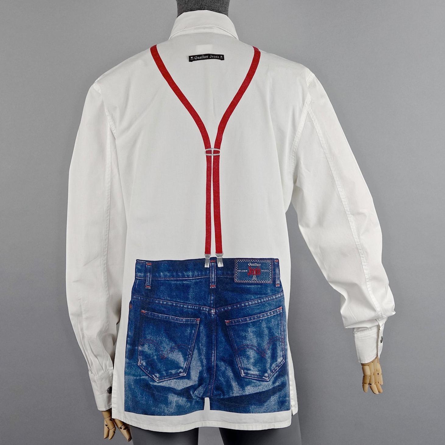 Vintage JEAN PAUL GAULTIER Trompe L'oeil Illusion Denim Suspender Shirt Top In Good Condition In Kingersheim, Alsace
