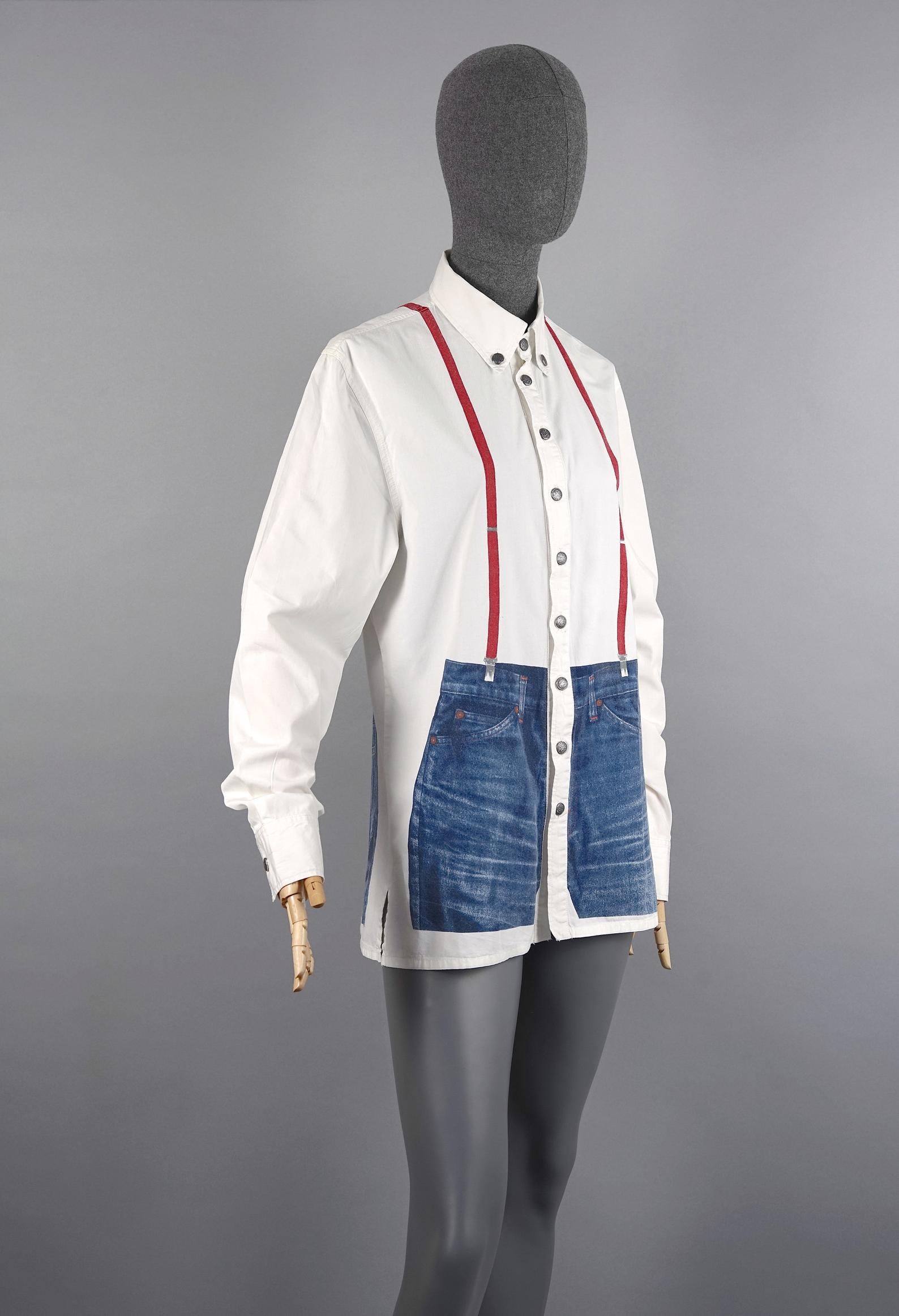 Vintage JEAN PAUL GAULTIER Trompe L'oeil Illusion Denim Suspender Shirt Top 1