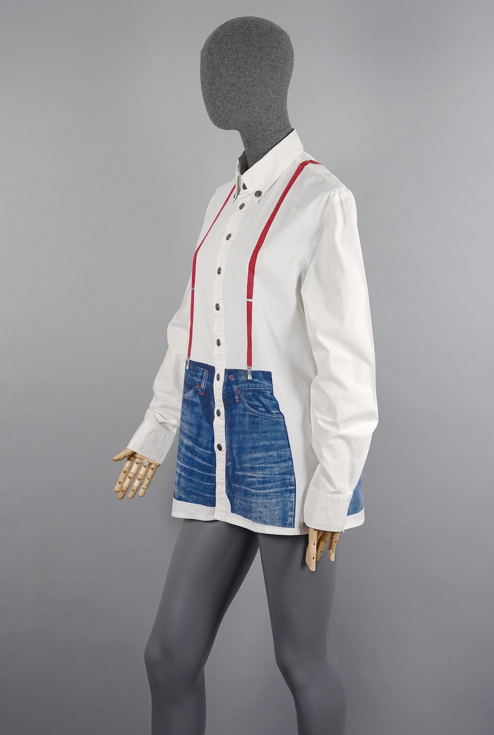 Vintage JEAN PAUL GAULTIER Trompe L'oeil Illusion Denim Suspender Shirt Top 2