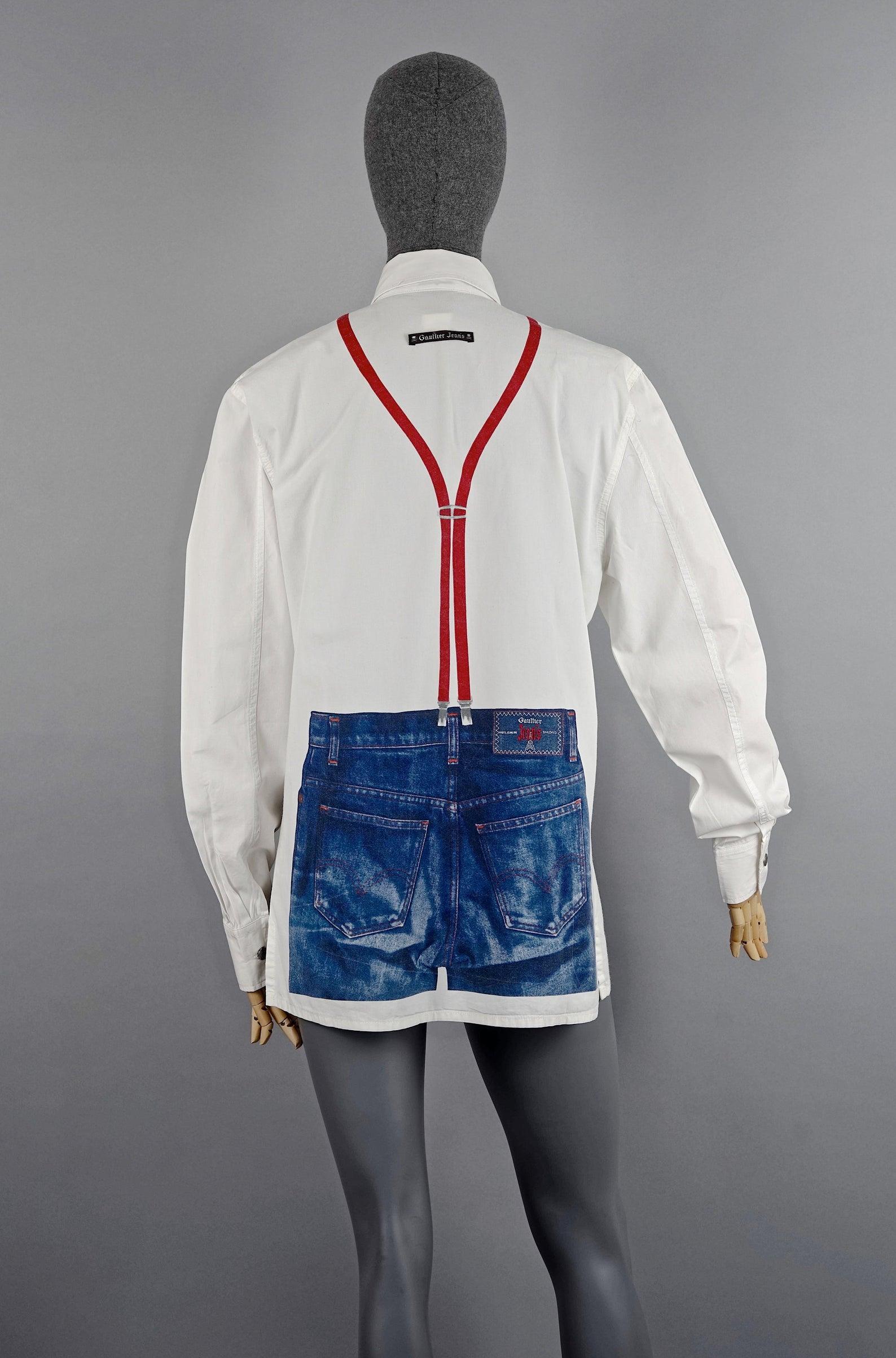 Vintage JEAN PAUL GAULTIER Trompe L'oeil Illusion Denim Suspender Shirt Top 3