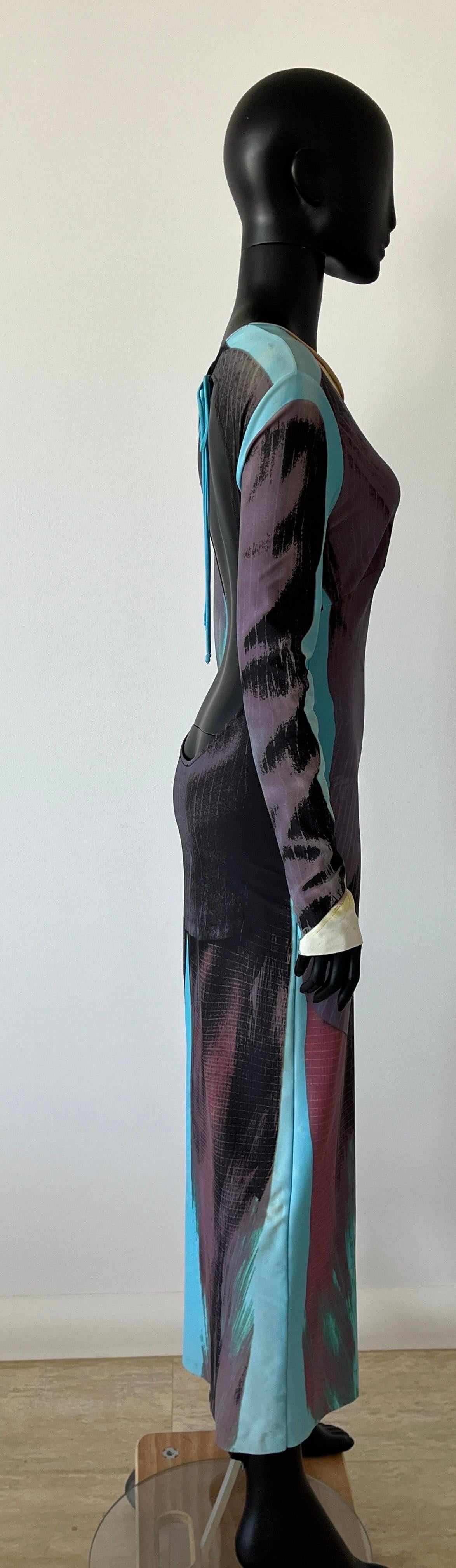 Women's Vintage JEAN PAUL GAULTIER Trompe L'Oeil Sheer Tuxedo Print Mesh Maxi Dress