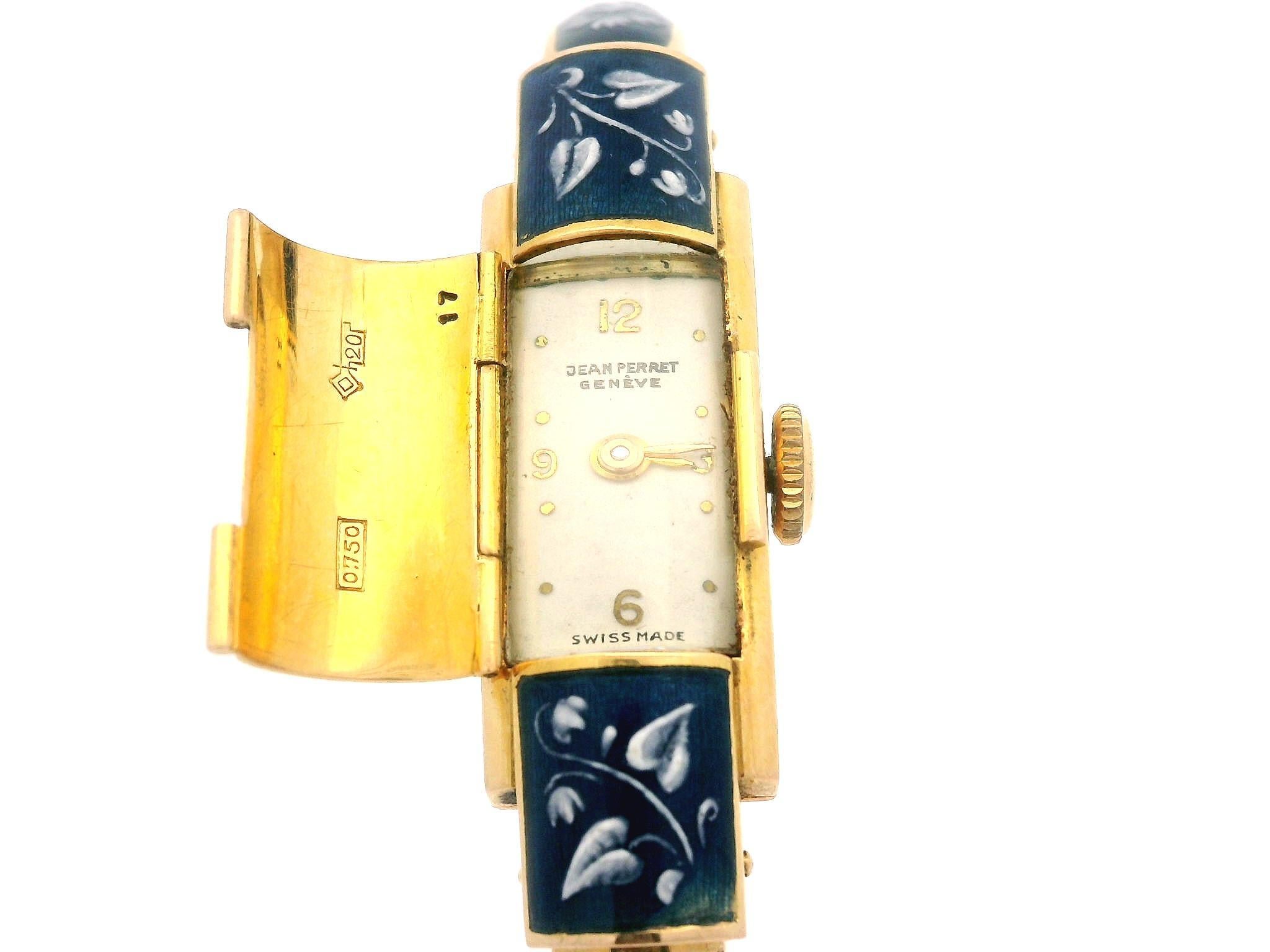 Watchmaker: Jean Perret
Case & Bracelet Material: Solid 18k Yellow Gold w/ Blue & White Enamel Work
Case Size: 14.8x8.3mm (not counting the crown)
Case Thickness: 8.6mm
Bracelet Length: Will comfortably fit up to a 6.75 inch wrist.
Weight: 22.7