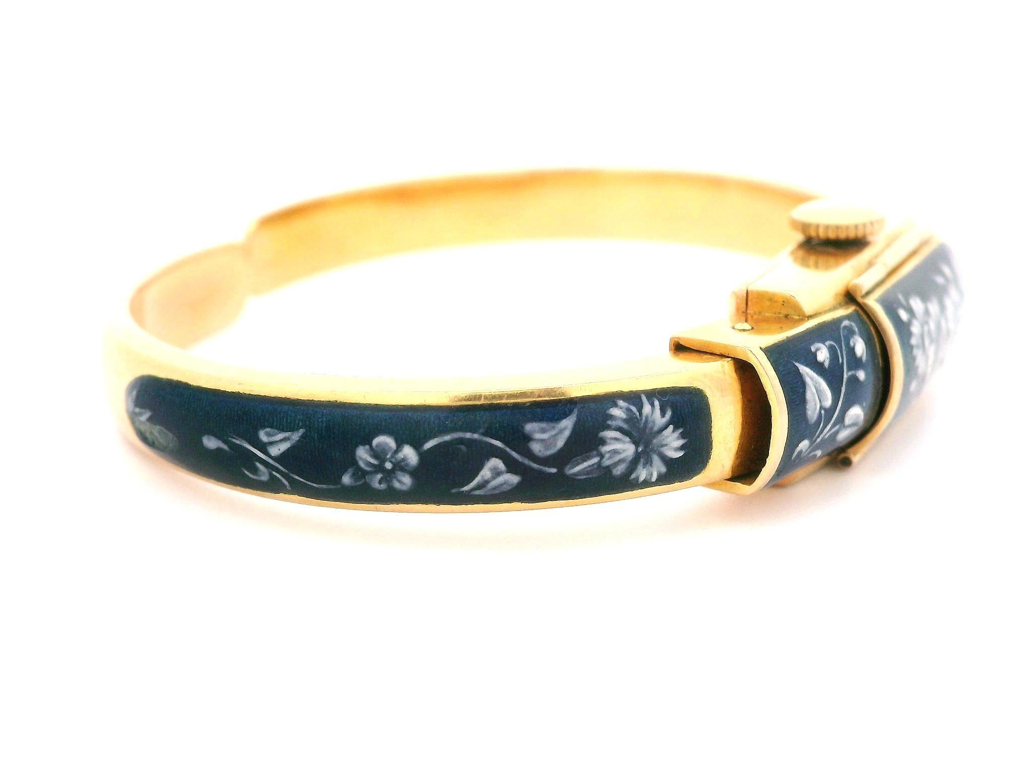 Vintage Jean Perret 18k Gold Blue & White Enamel Hidden Watch Cuff Bracelet In Good Condition For Sale In Montclair, NJ