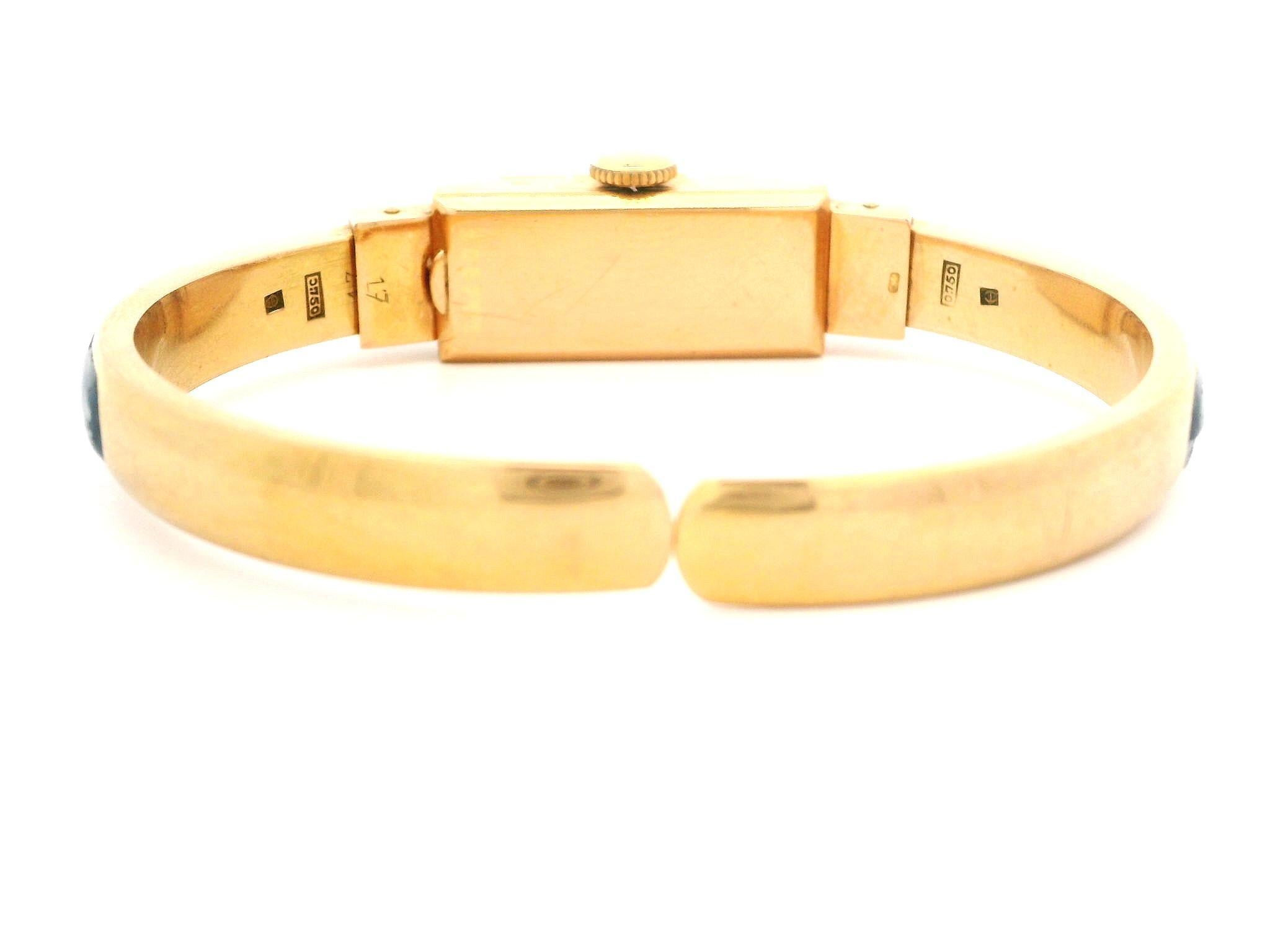 Women's Vintage Jean Perret 18k Gold Blue & White Enamel Hidden Watch Cuff Bracelet For Sale