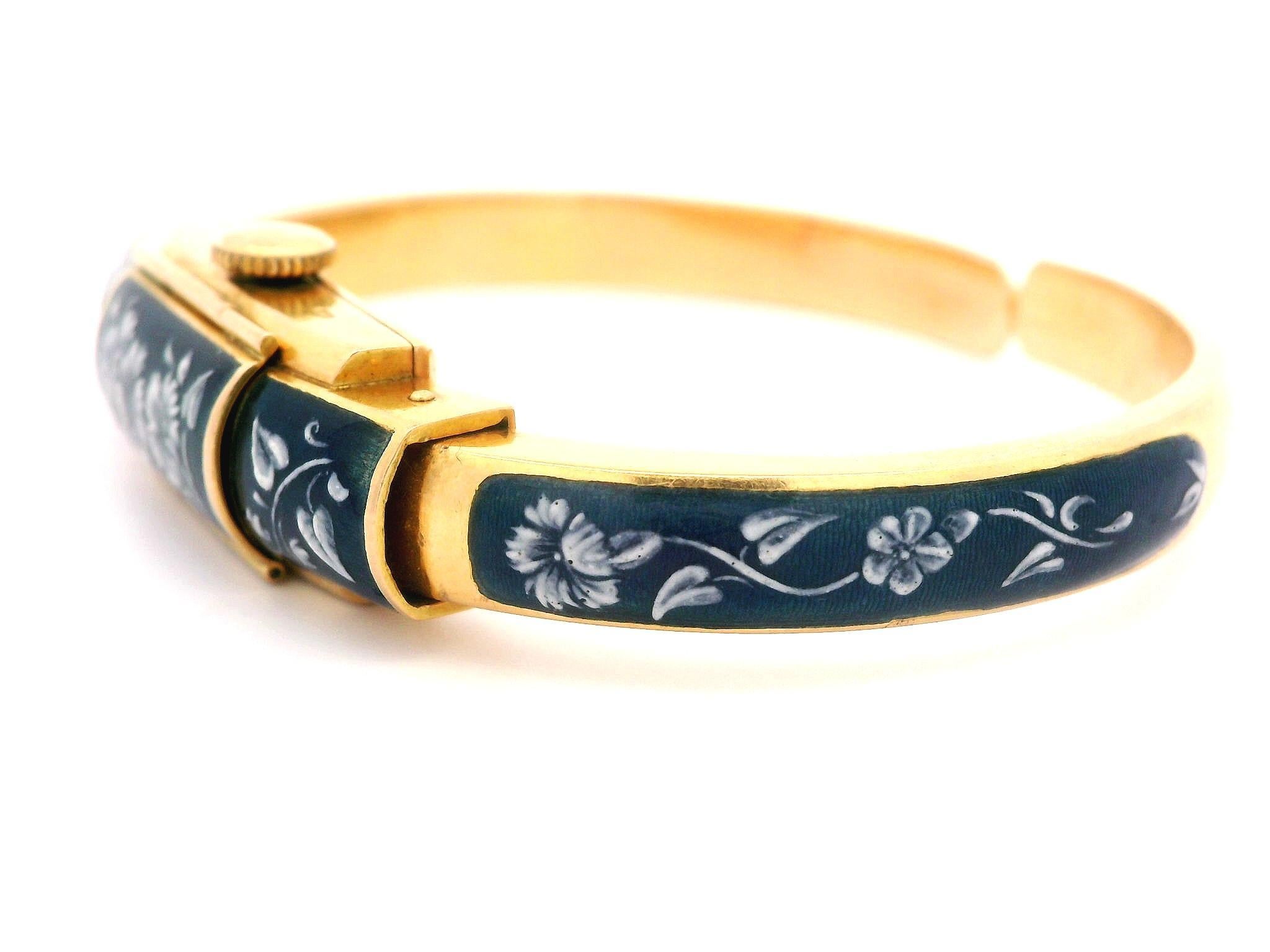 Vintage Jean Perret 18k Gold Blue & White Enamel Hidden Watch Cuff Bracelet For Sale 1