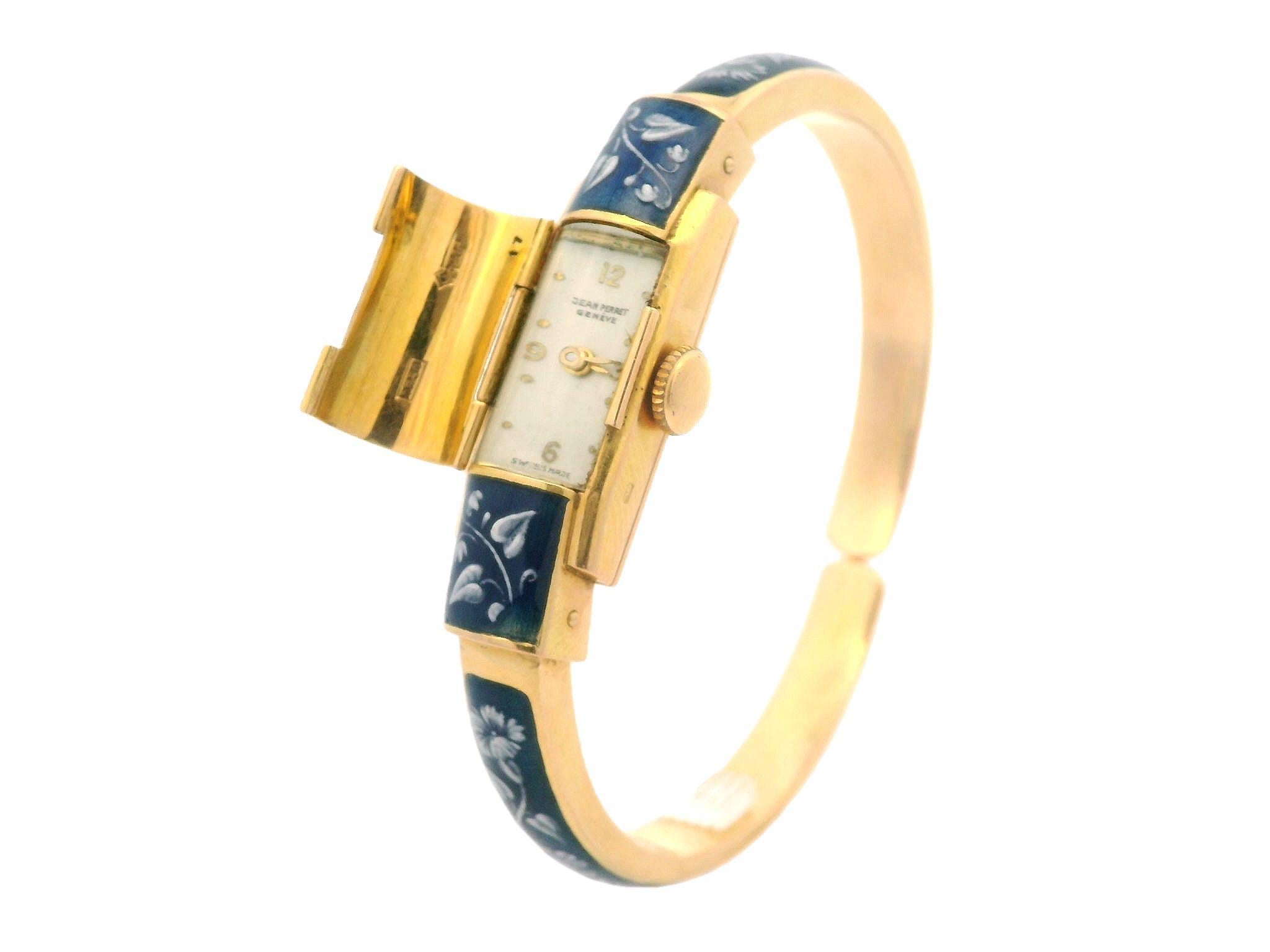 Vintage Jean Perret 18k Gold Blue & White Enamel Hidden Watch Cuff Bracelet For Sale 2
