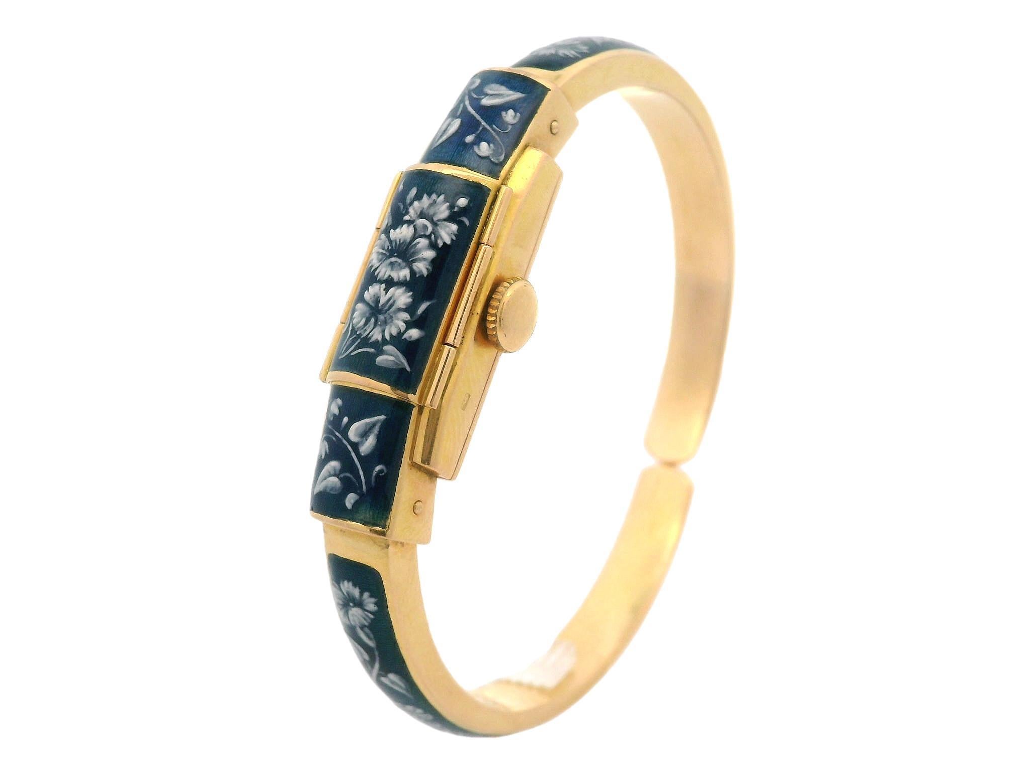 Vintage Jean Perret 18k Gold Blue & White Enamel Hidden Watch Cuff Bracelet For Sale 3