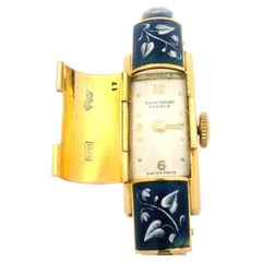 Vintage Jean Perret 18k Gold Blue & White Enamel Hidden Watch Cuff Bracelet