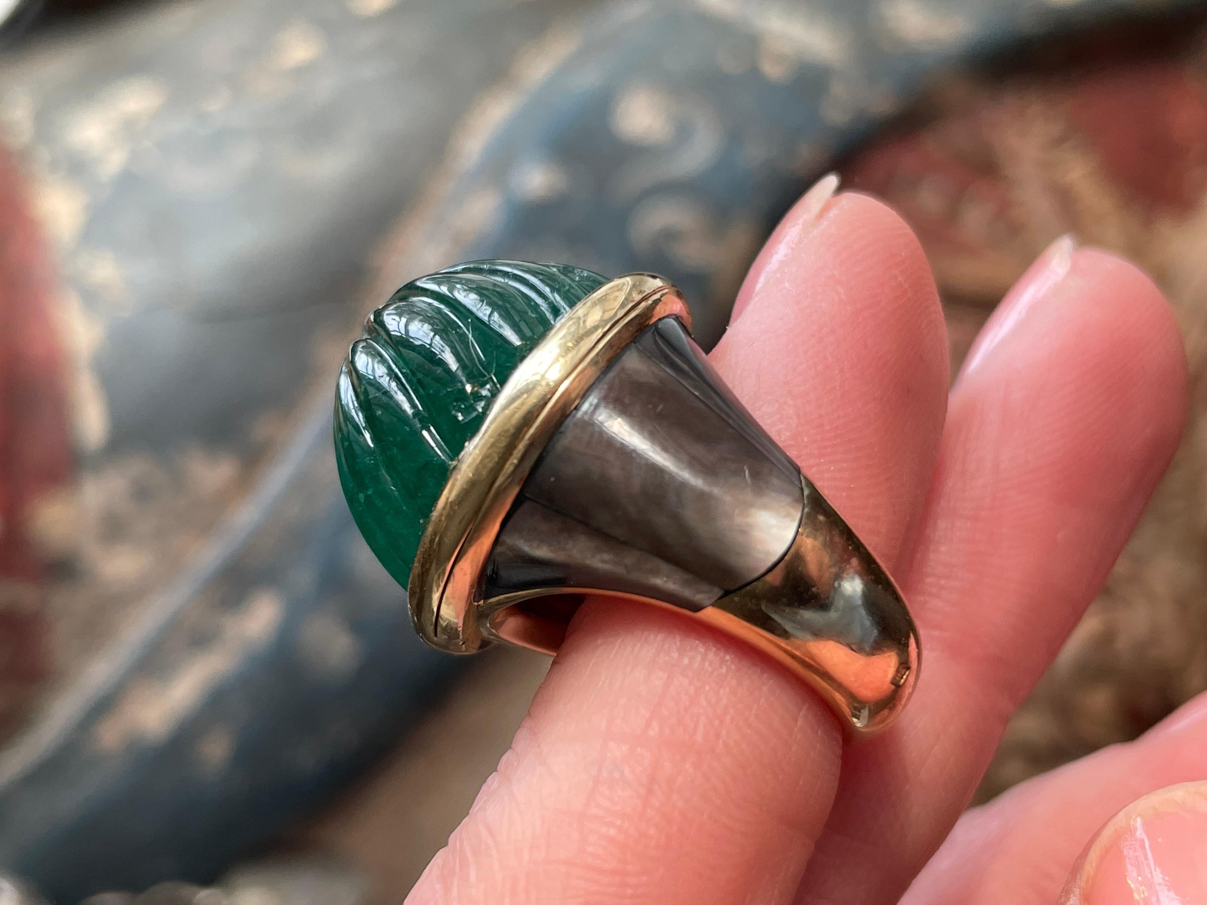 Emerald Cut Vintage Jean-Pierre Brun Fluted Emerald and Mother of Pearl Ring