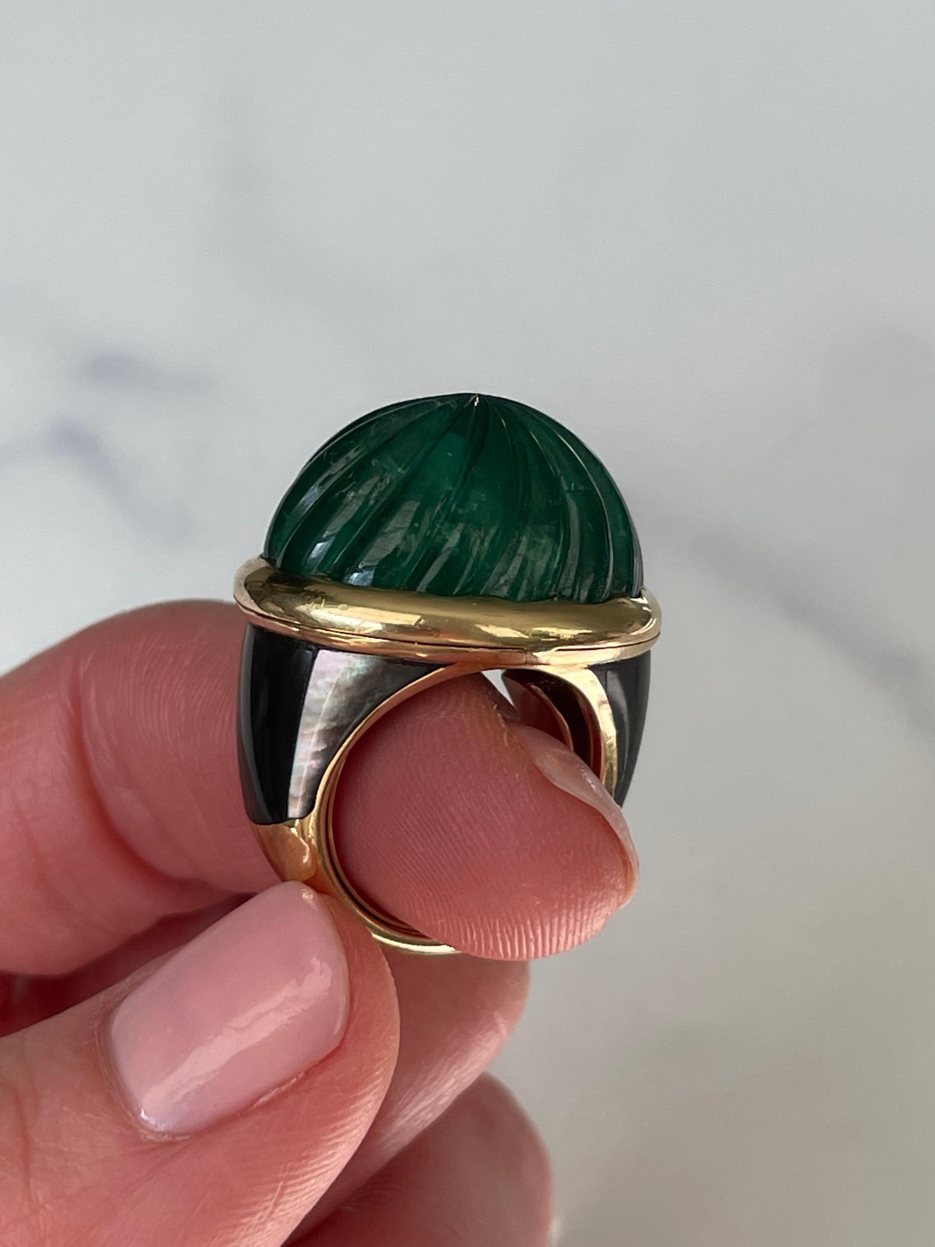 Vintage Jean-Pierre Brun Fluted Emerald and Mother of Pearl Ring 1
