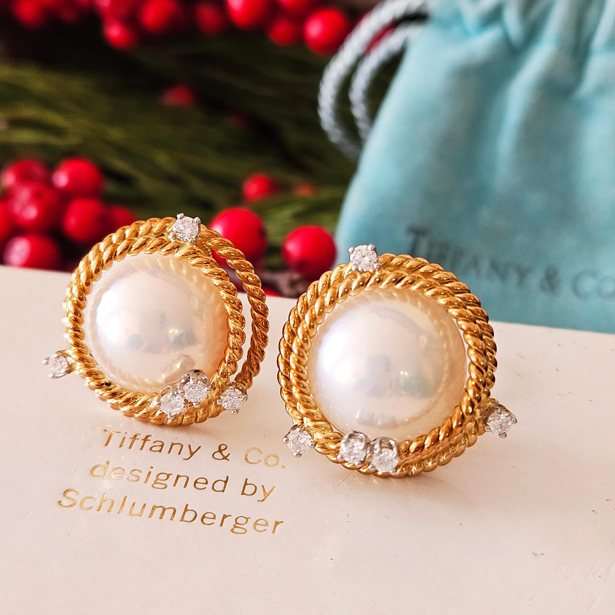 Vintage Jean Schlumberger Tiffany Rope Coil Pearl Diamond 18K Platinum Earrings For Sale 2