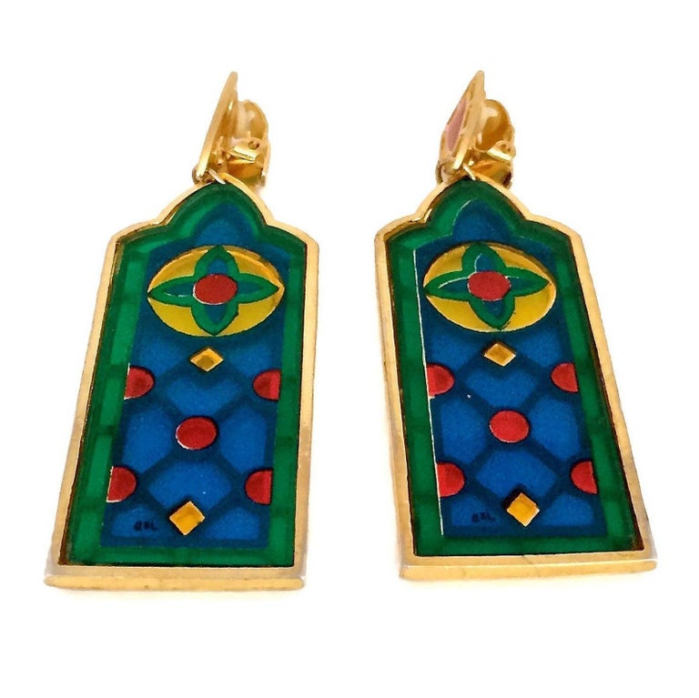 Vintage JEAN XAVIER DUHART Cathedral Stained Glass Window Earrings at