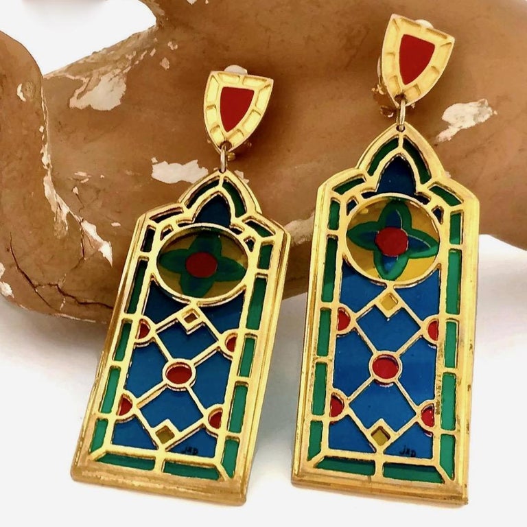 Vintage JEAN XAVIER DUHART Cathedral Stained Glass Window Earrings at