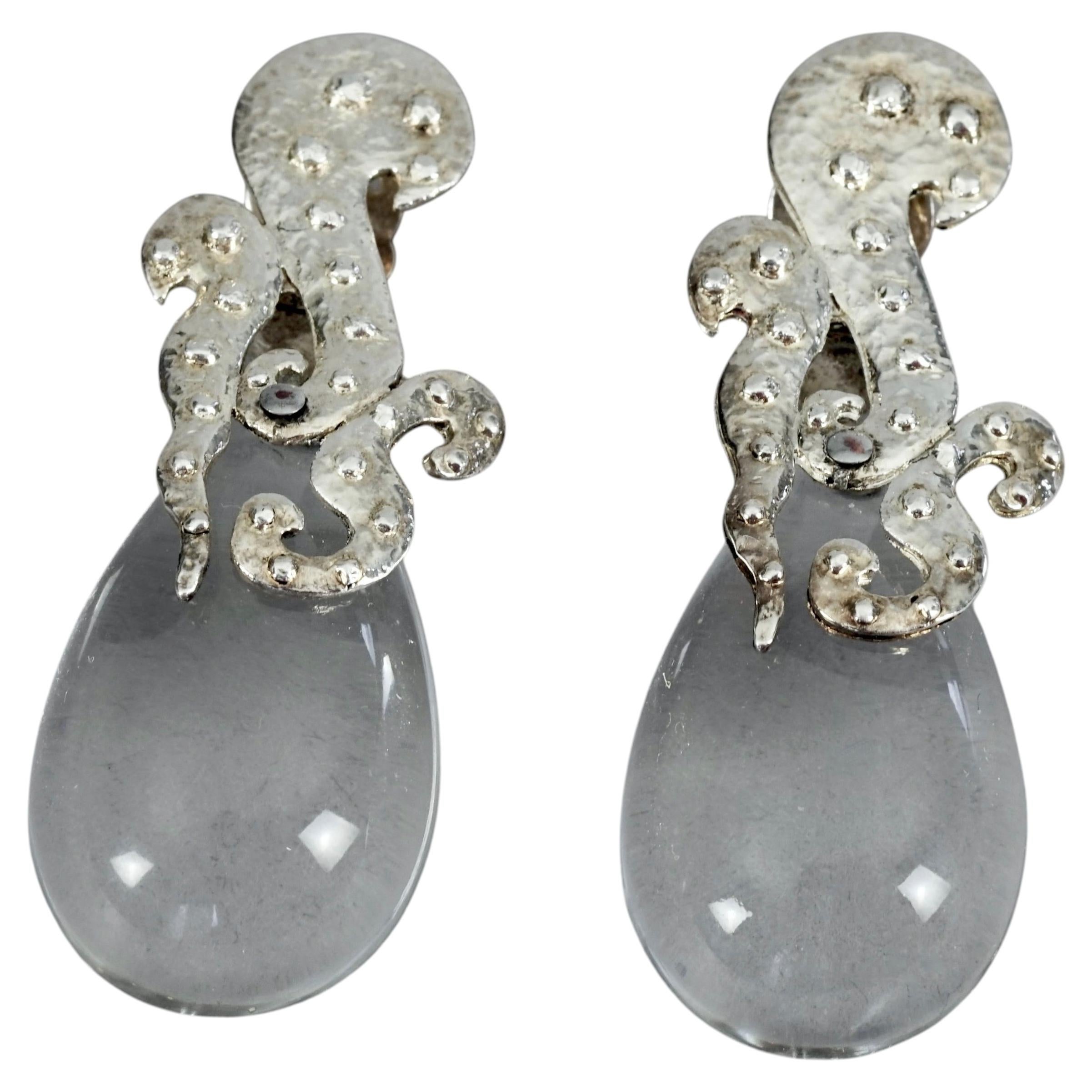 Vintage JEAN XAVIER DUHART Hammered Gilt Baroque Lucite Glass Drop Earrings