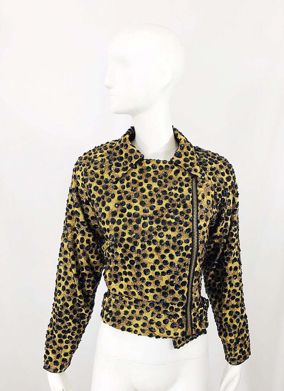Vintage Jeanette Kastenberg 80s Chaqueta motera con lentejuelas y estampado de leopardo en venta 5