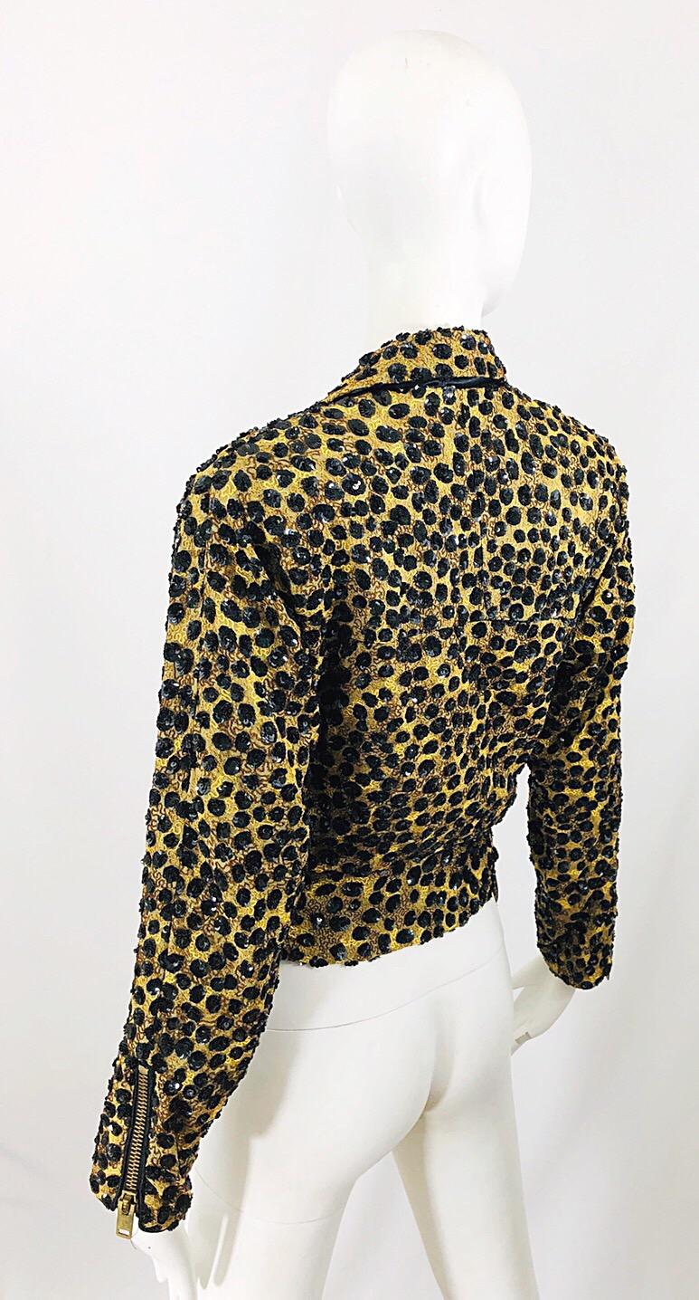 Vintage Jeanette Kastenberg 80s Chaqueta motera con lentejuelas y estampado de leopardo en venta 6