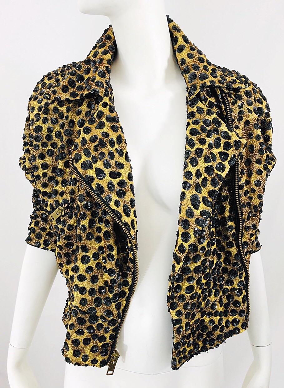 Vintage Jeanette Kastenberg 80s Sequined Leopard Print Biker Motorcycle Jacket For Sale 7