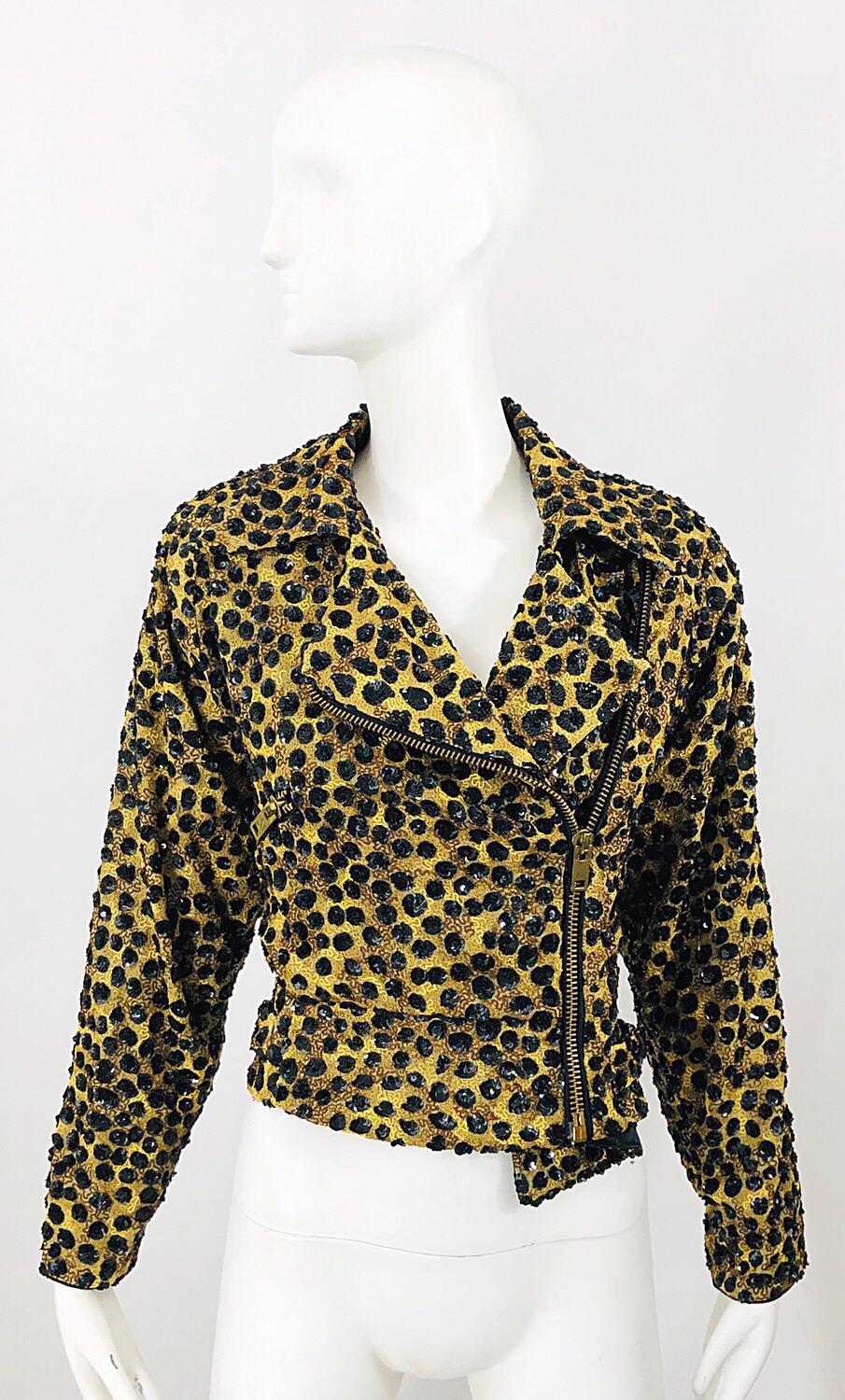 Vintage Jeanette Kastenberg 80s Chaqueta motera con lentejuelas y estampado de leopardo Negro en venta
