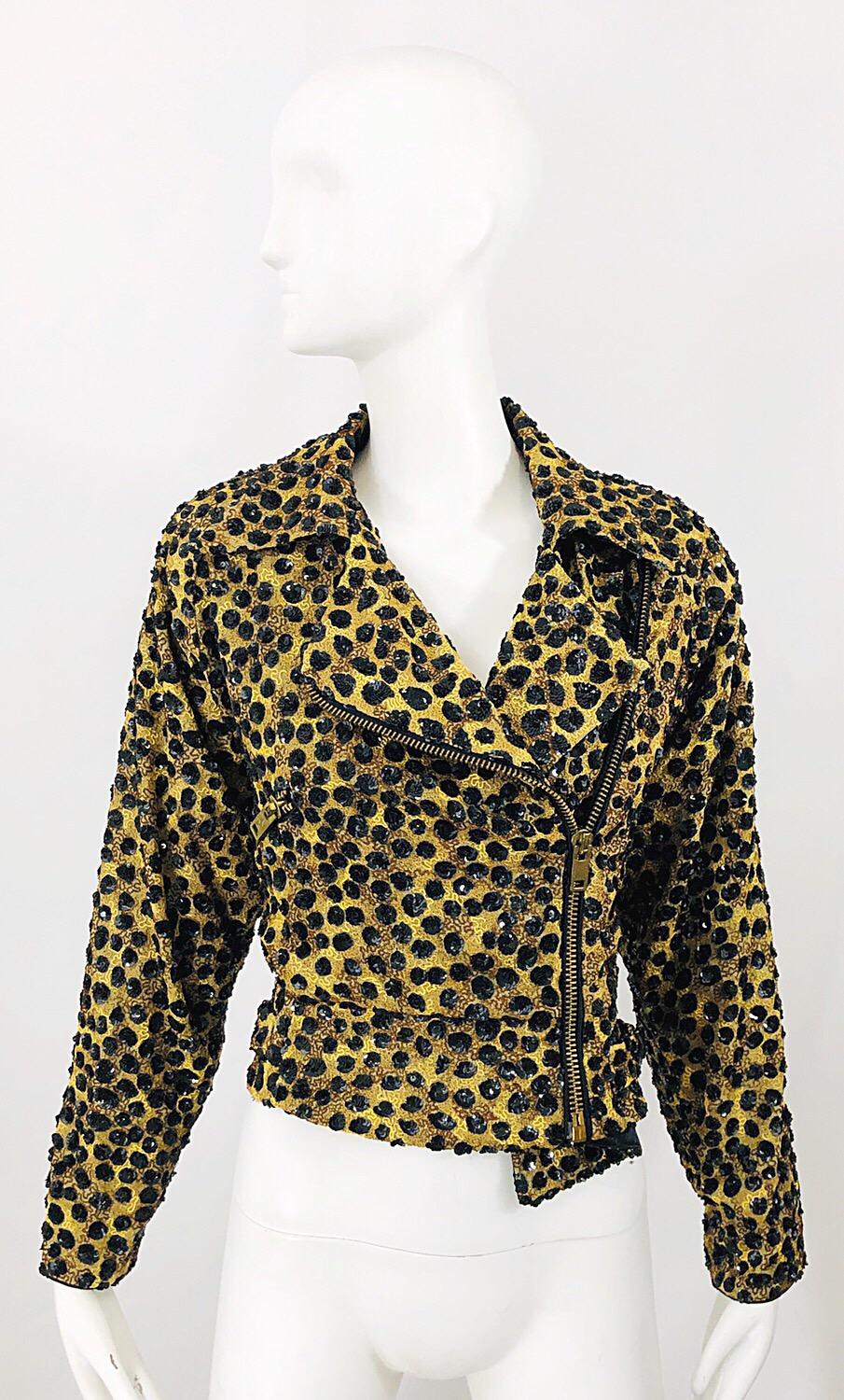 Black Vintage Jeanette Kastenberg 80s Sequined Leopard Print Biker Motorcycle Jacket For Sale