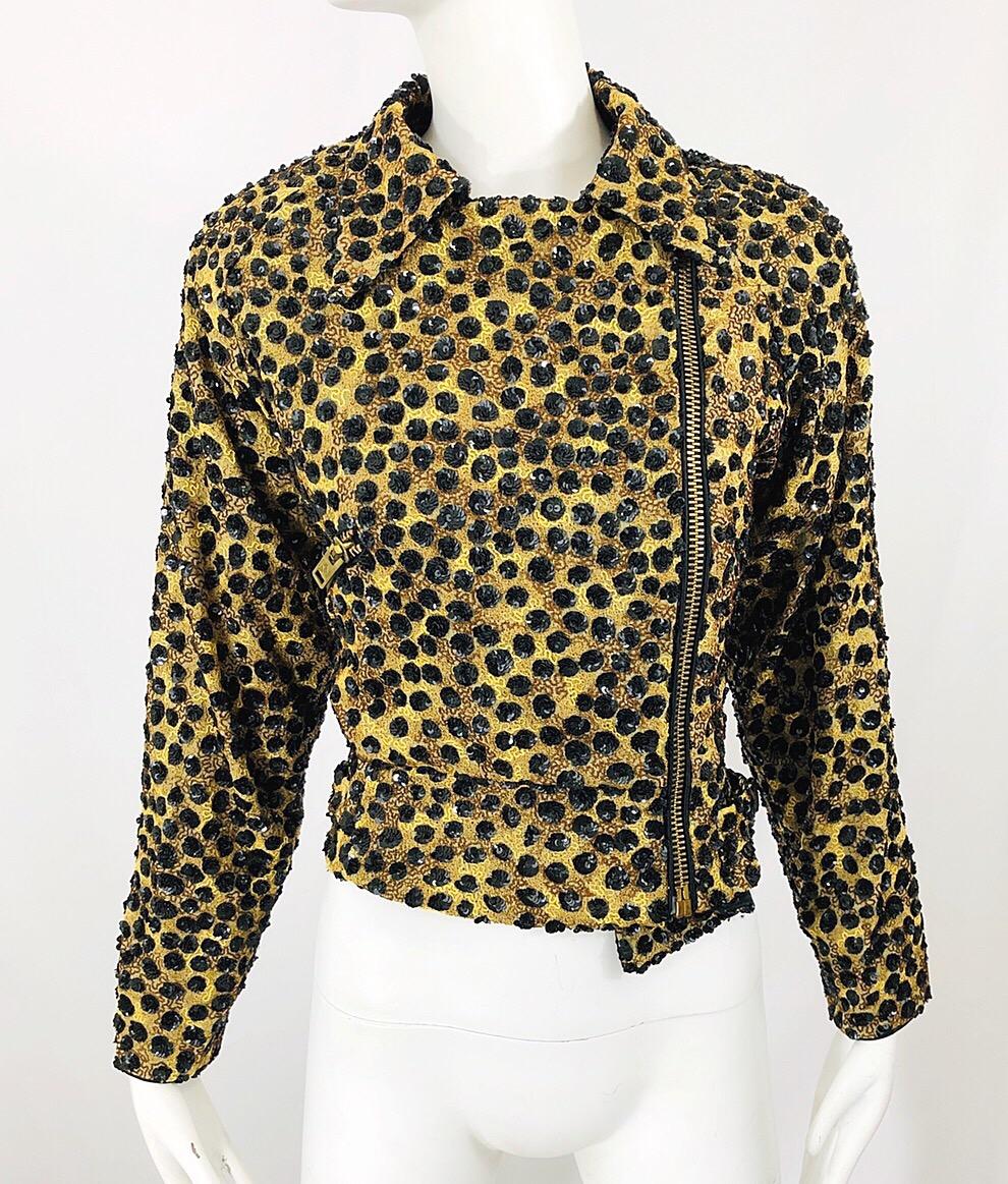 Vintage Jeanette Kastenberg 80s Chaqueta motera con lentejuelas y estampado de leopardo en Excelente estado para la venta en San Diego, CA