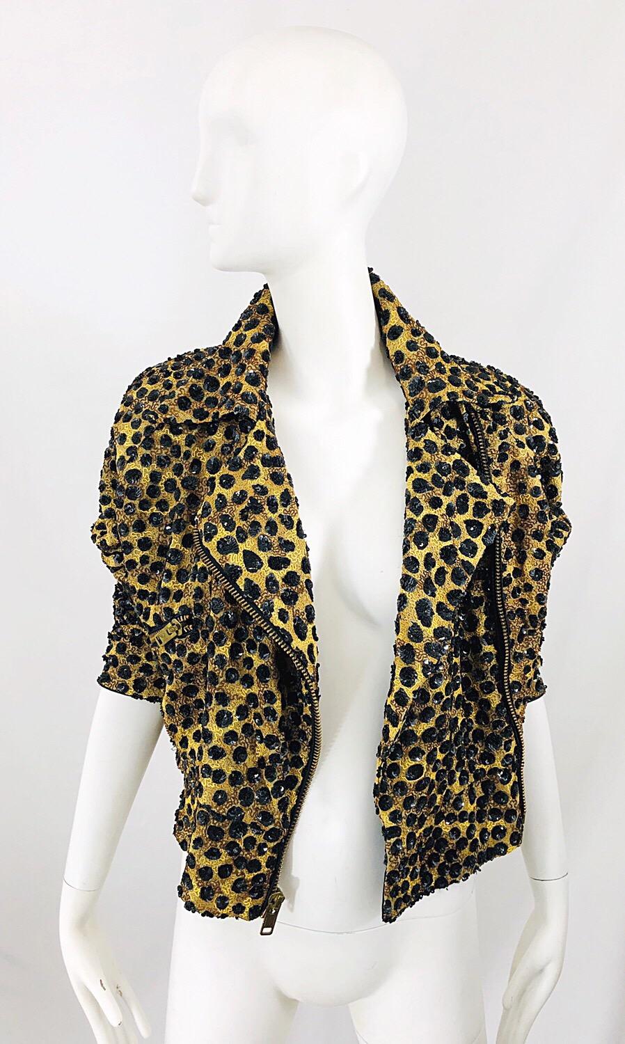 Vintage Jeanette Kastenberg 80s Sequined Leopard Print Biker Motorcycle Jacket For Sale 2