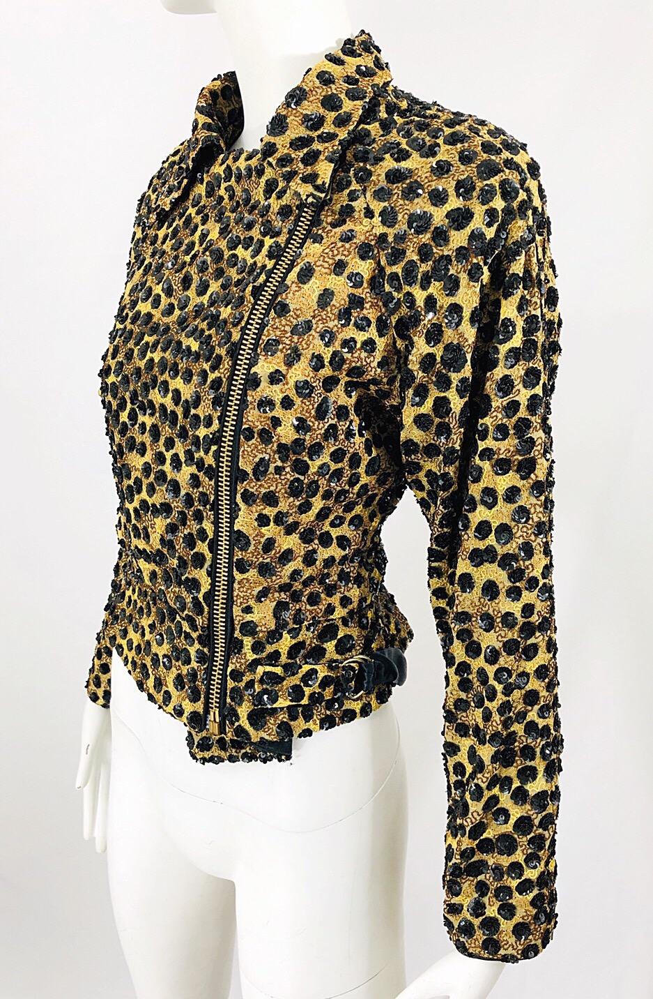 Vintage Jeanette Kastenberg 80s Sequined Leopard Print Biker Motorcycle Jacket For Sale 3