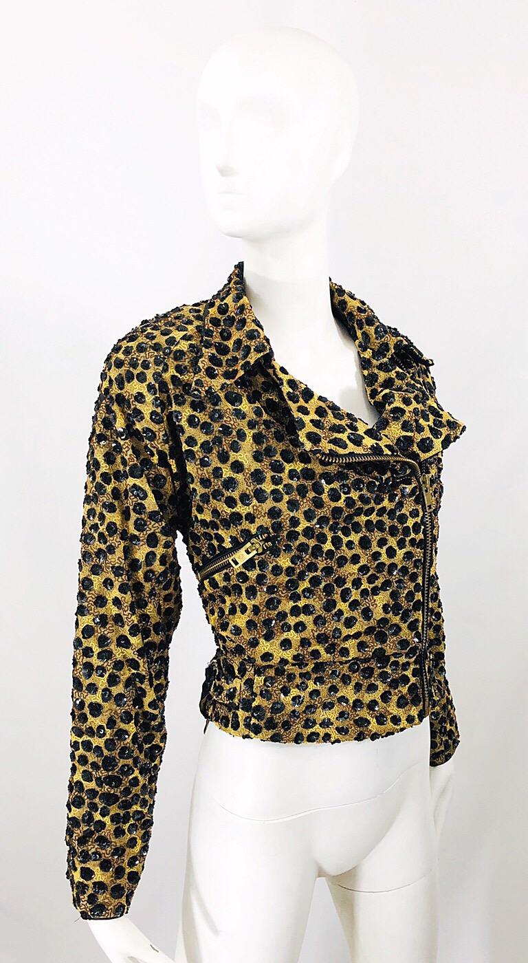 Vintage Jeanette Kastenberg 80s Chaqueta motera con lentejuelas y estampado de leopardo en venta 4
