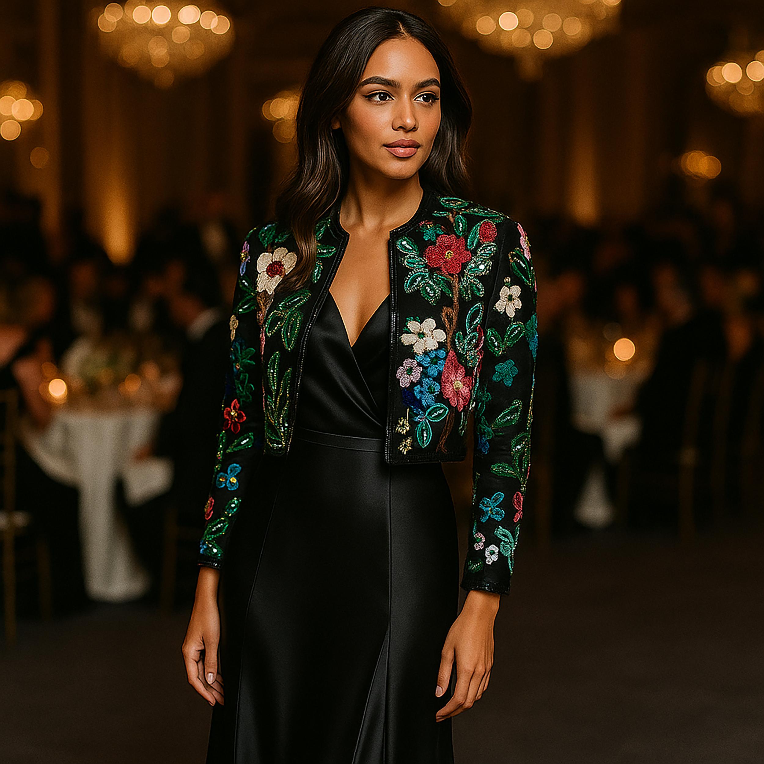 Vintage Jeanette Kastenberg für St. Martin Bolero-Jacke aus Seide mit Pailletten und Perlen (Schwarz) im Angebot