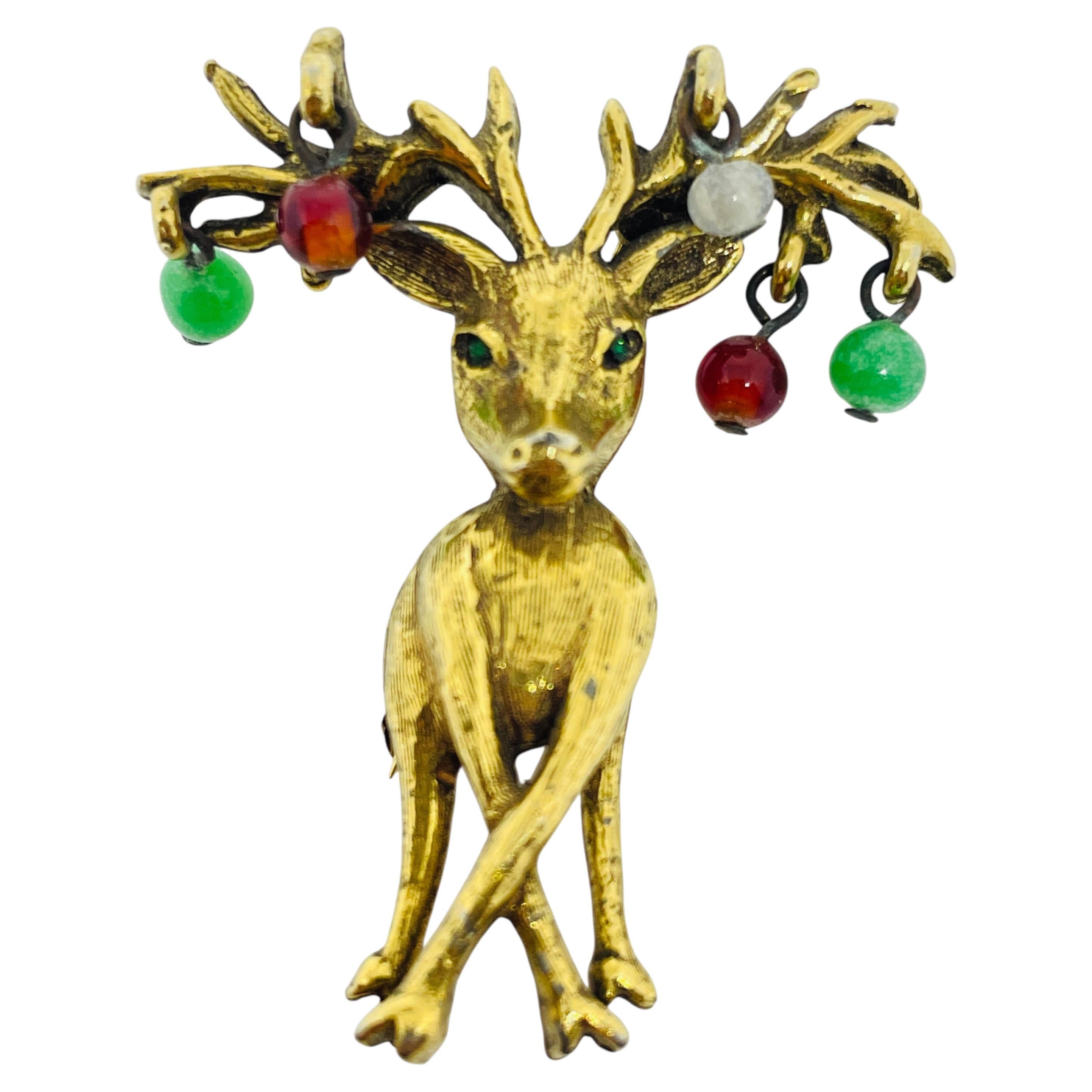 Spilla vintage firmata JEANNE con perline di vetro e renne in oro