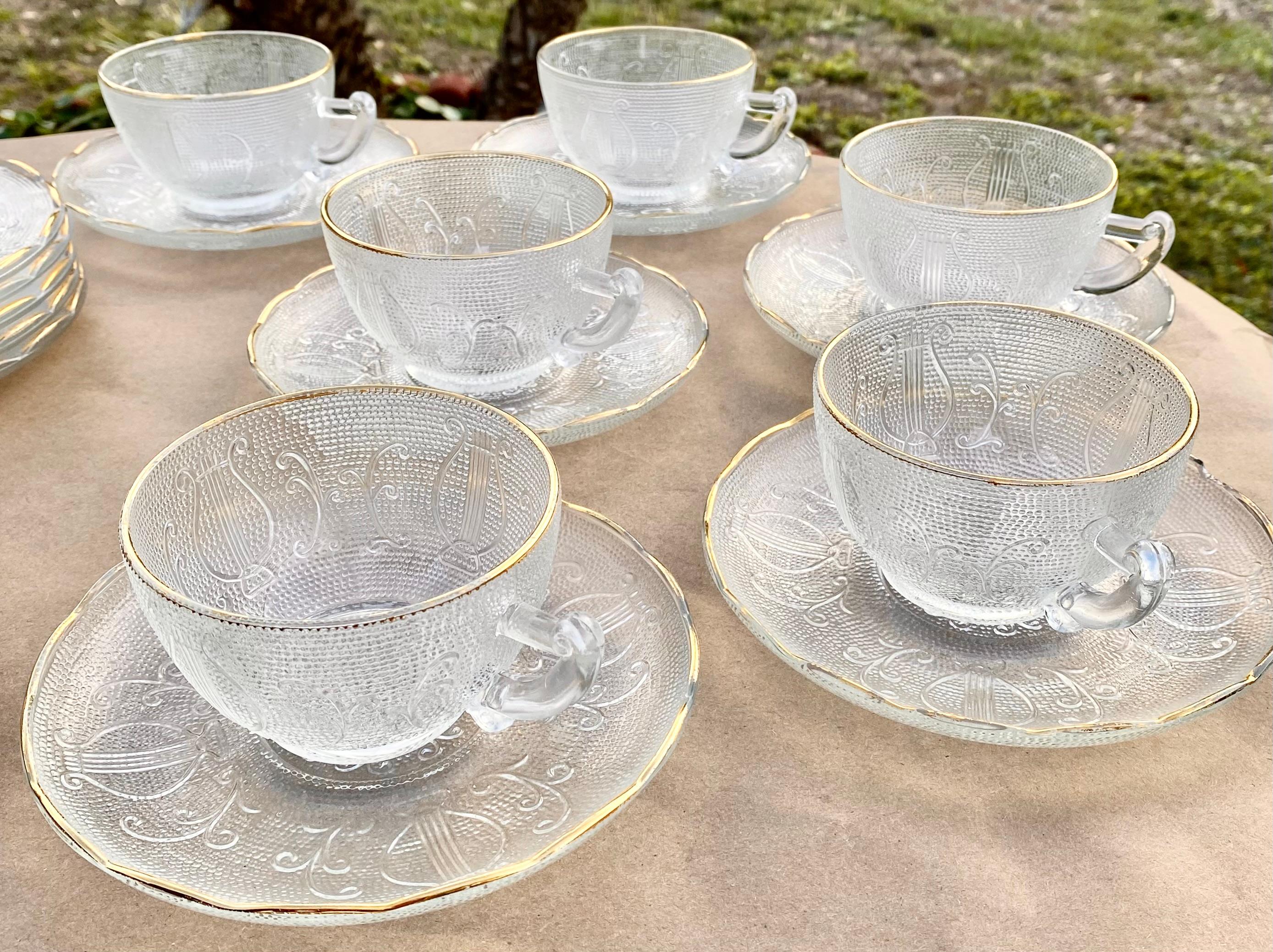 American Vintage Jeannette Glass Harp Pattern Gold Trim Clear  For Sale