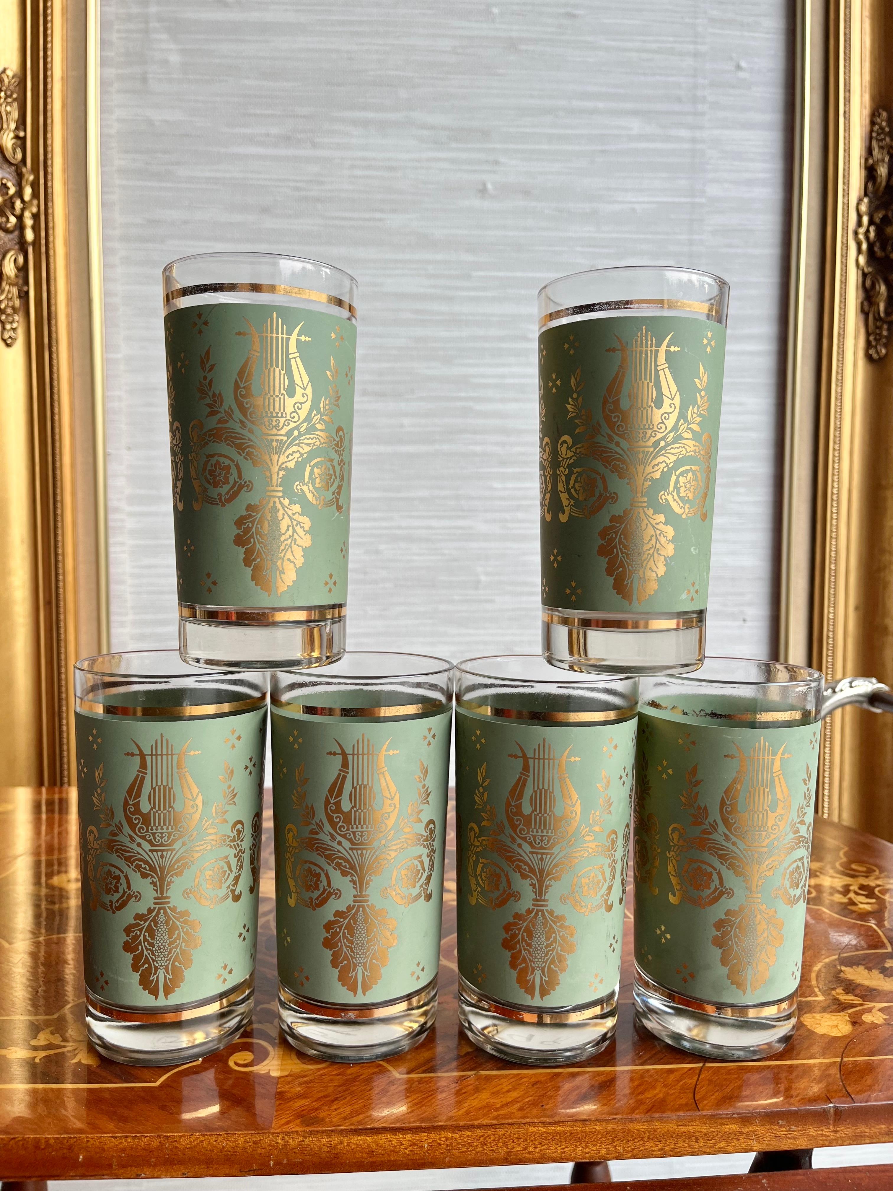 Rare Mid Century Jeannette Glass Laurel and Lyre Bar Glasses- Set of 6 1