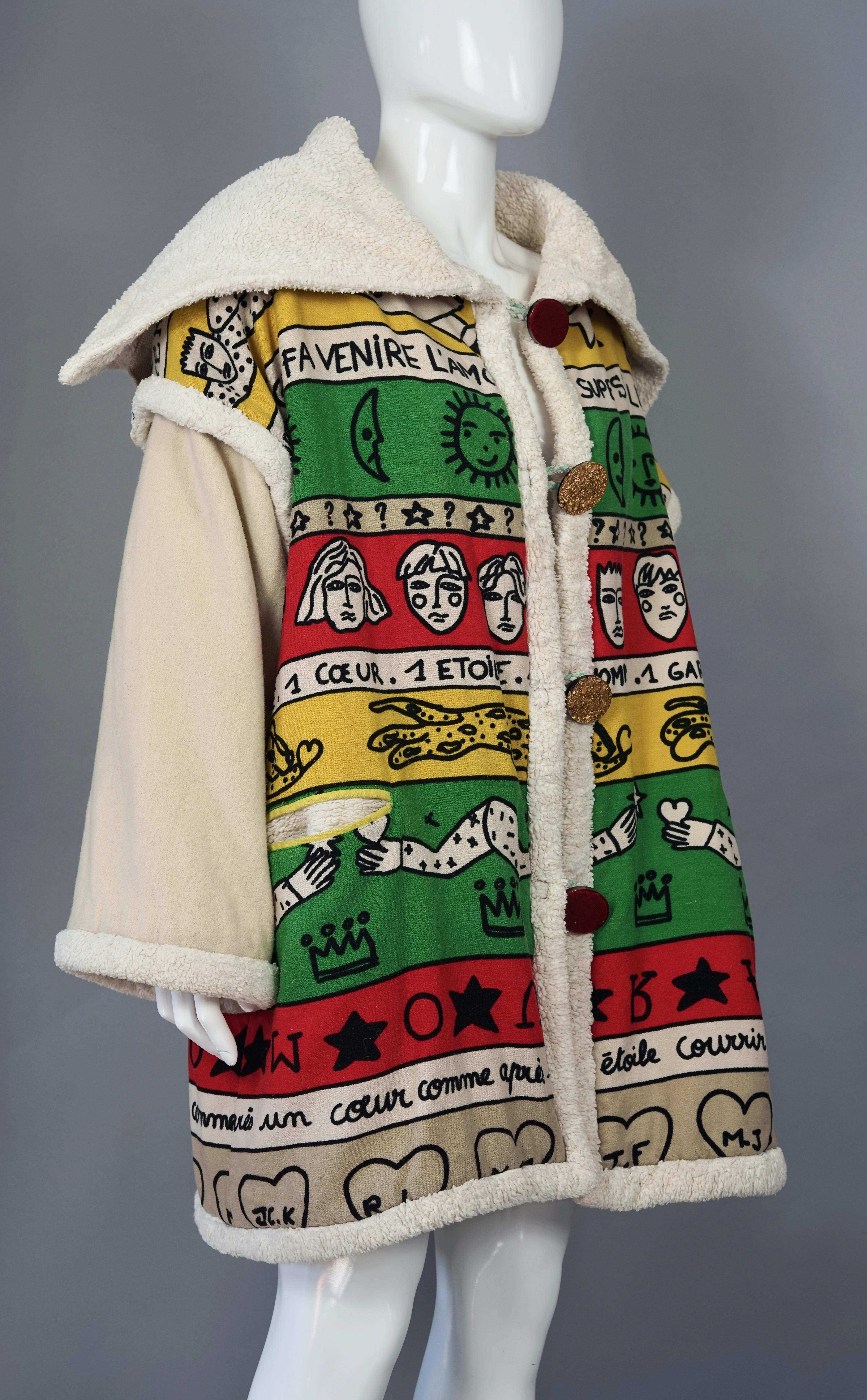 Vintage JEANS CHARLES de CASTELBAJAC Ko and Co Pop Art Print Shearling Hooded Co In Good Condition In Kingersheim, Alsace