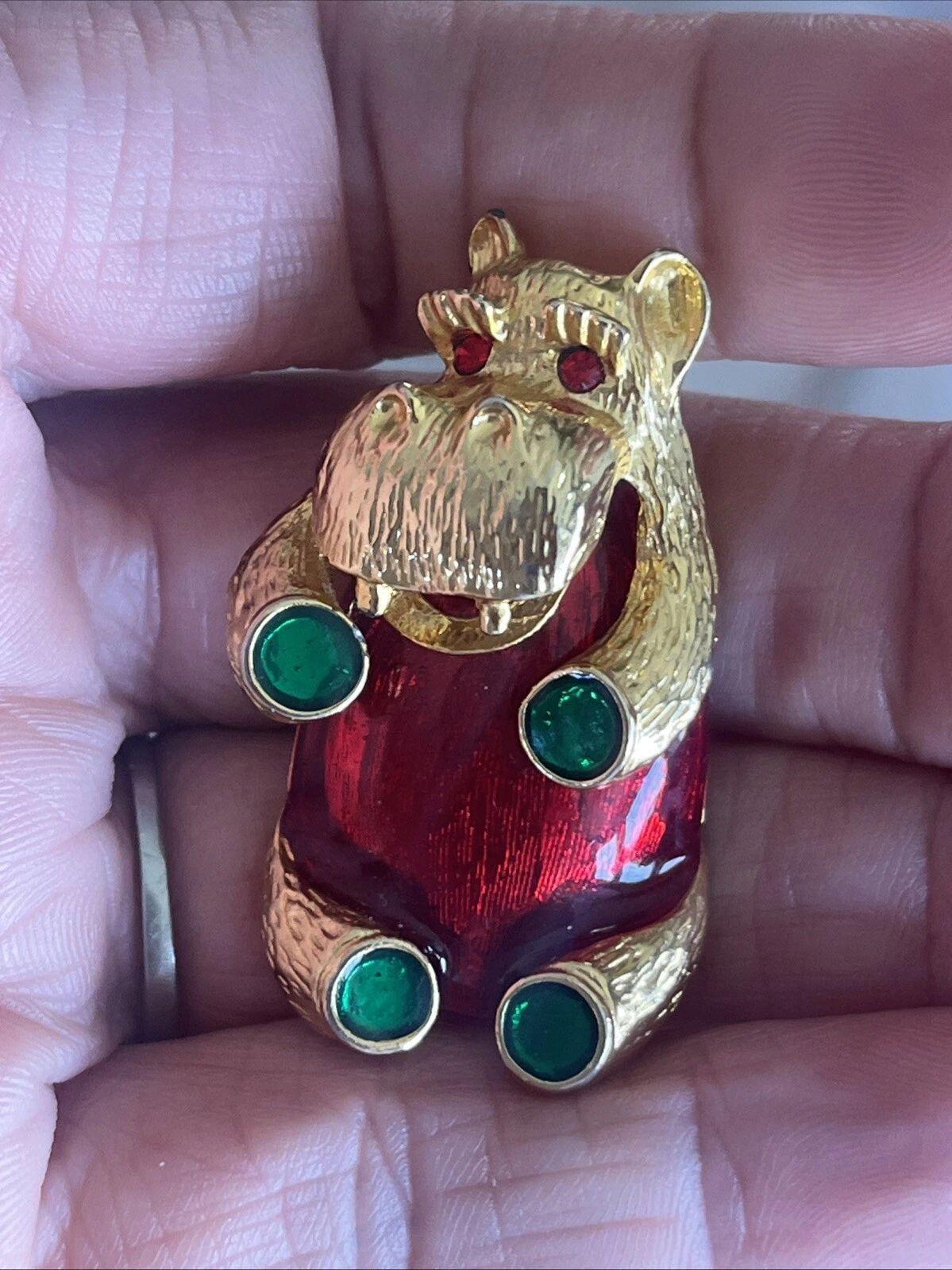 Mixed Cut Vintage Jelly Belly Crystal Enamel Hippo Brooch Pin For Sale