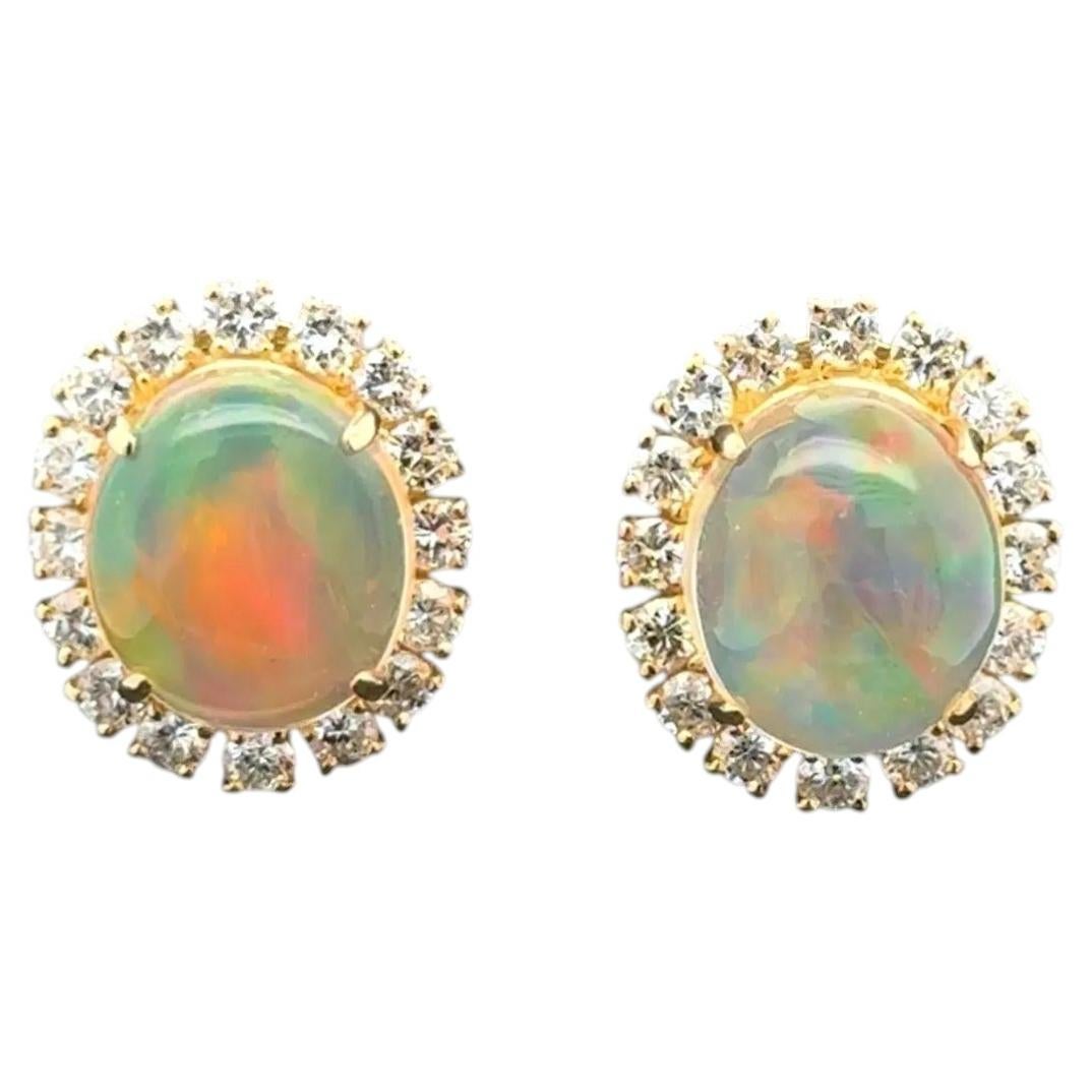 Vintage Jelly Opal and Diamond Gold Halo Stud Earrings Estate Fine Jewelry