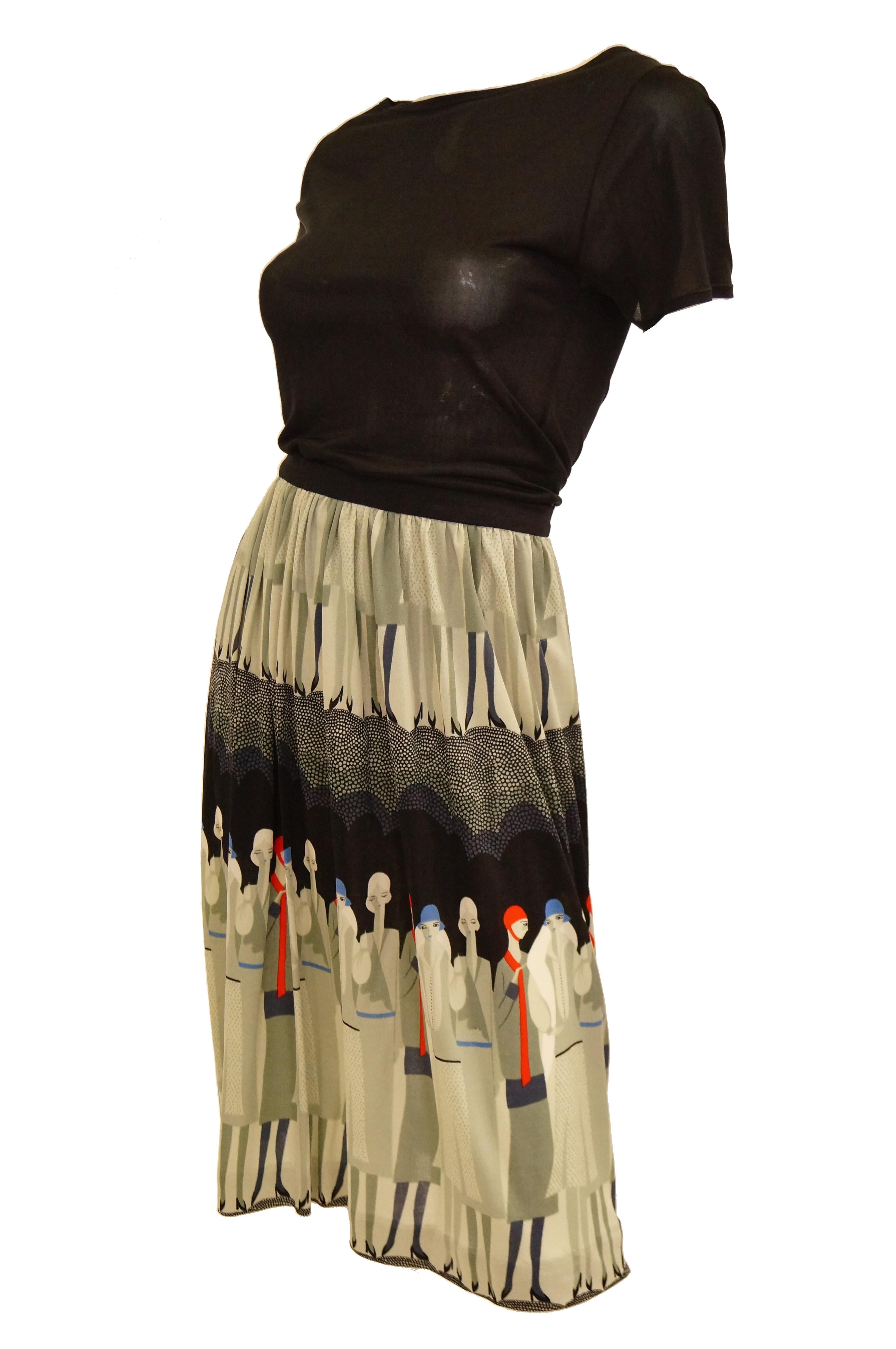 Custom slinky knit skirt and blouse set with coordinating graphics! The skirt falls just below the knee, and features a crowd of flappers in blue, cream, olive, and red, with their high hems and fluffy fur stoles, standing below a pointillism dotted