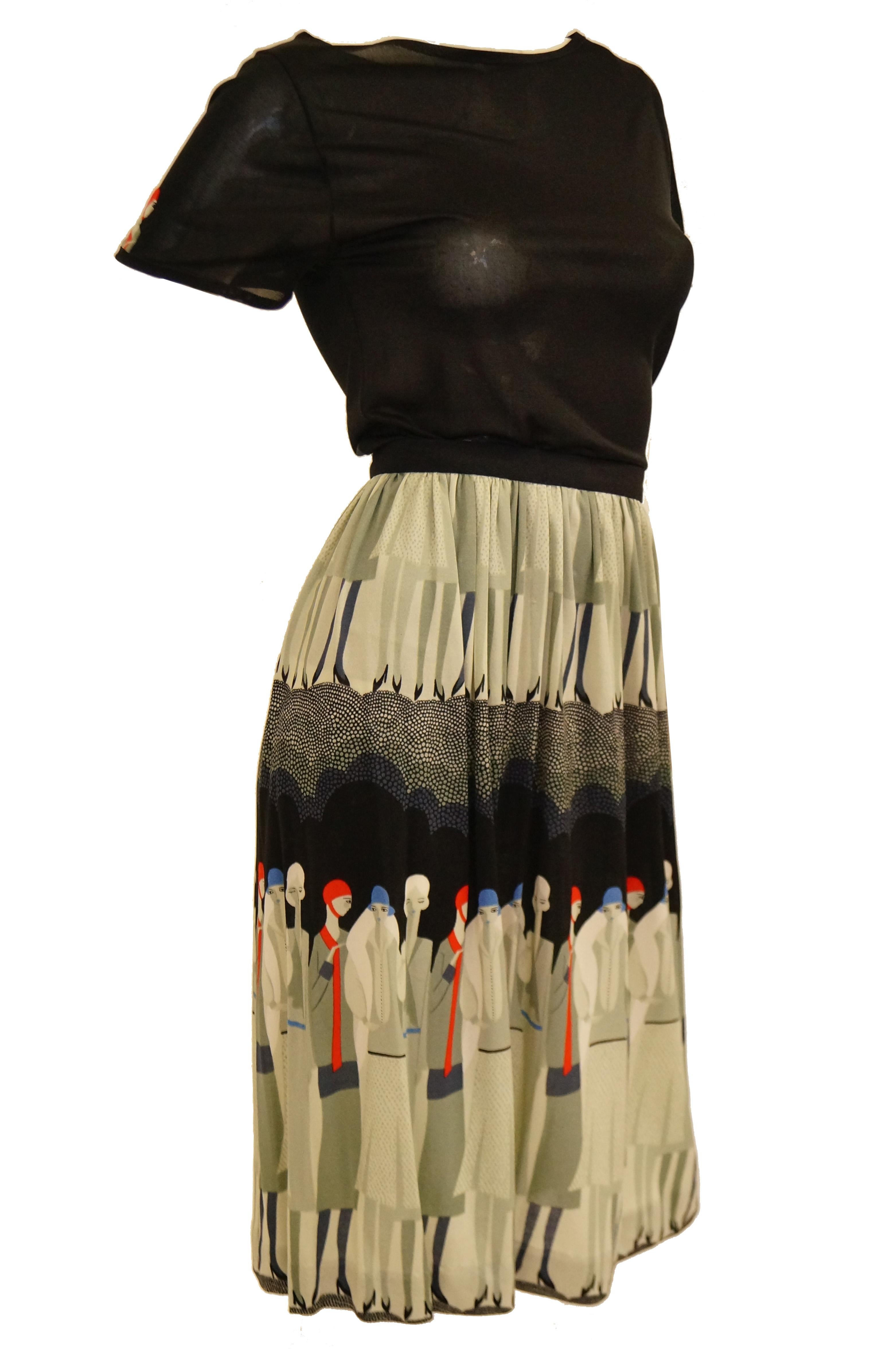 Women's Vintage Jenast Paris Black and Olive Knit Wear 1920s Deco Print Skirt Set  For Sale