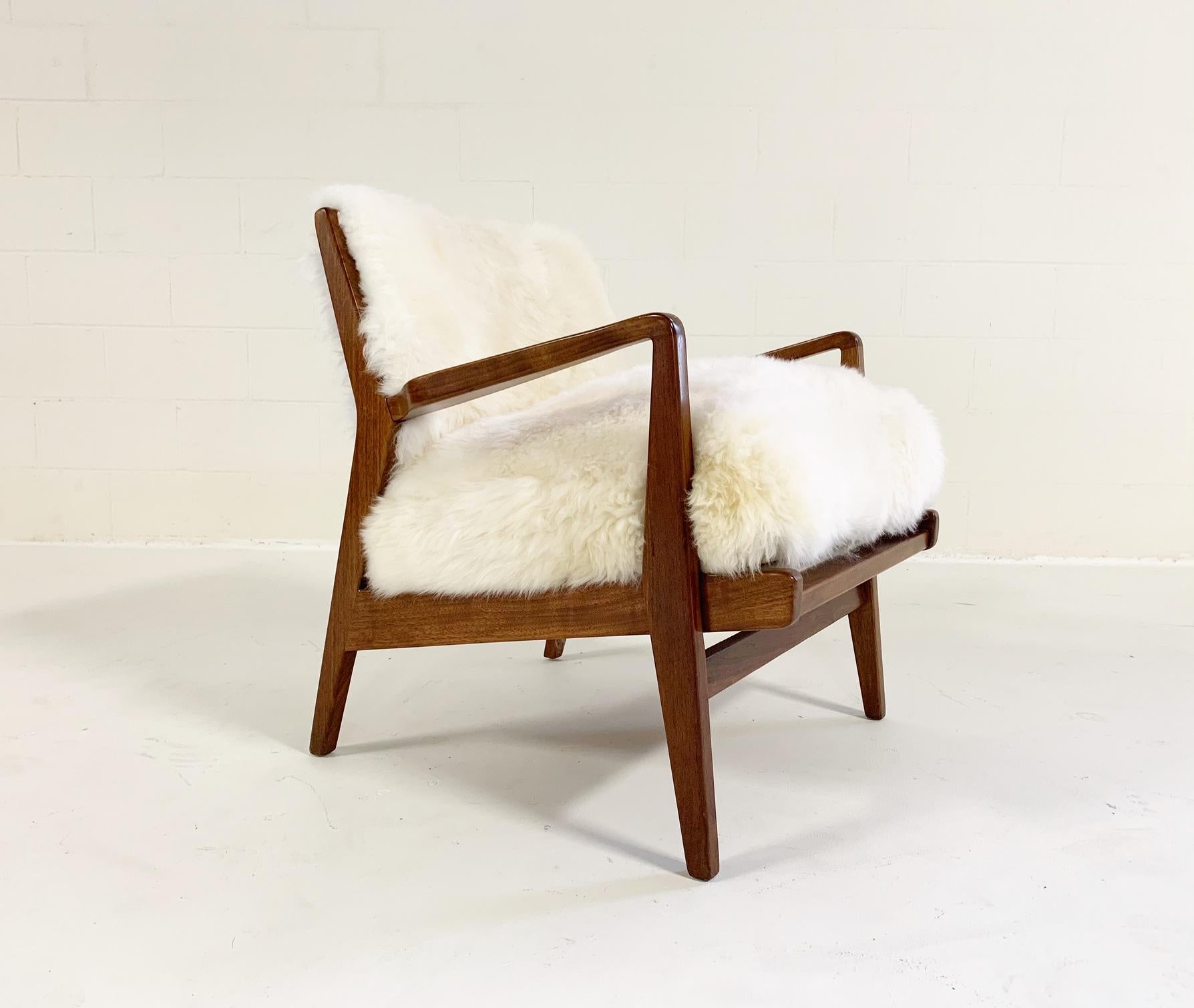 20th Century Vintage Jens Risom Lounge Chairs and Ottoman Restored in Brazilian Sheepskin