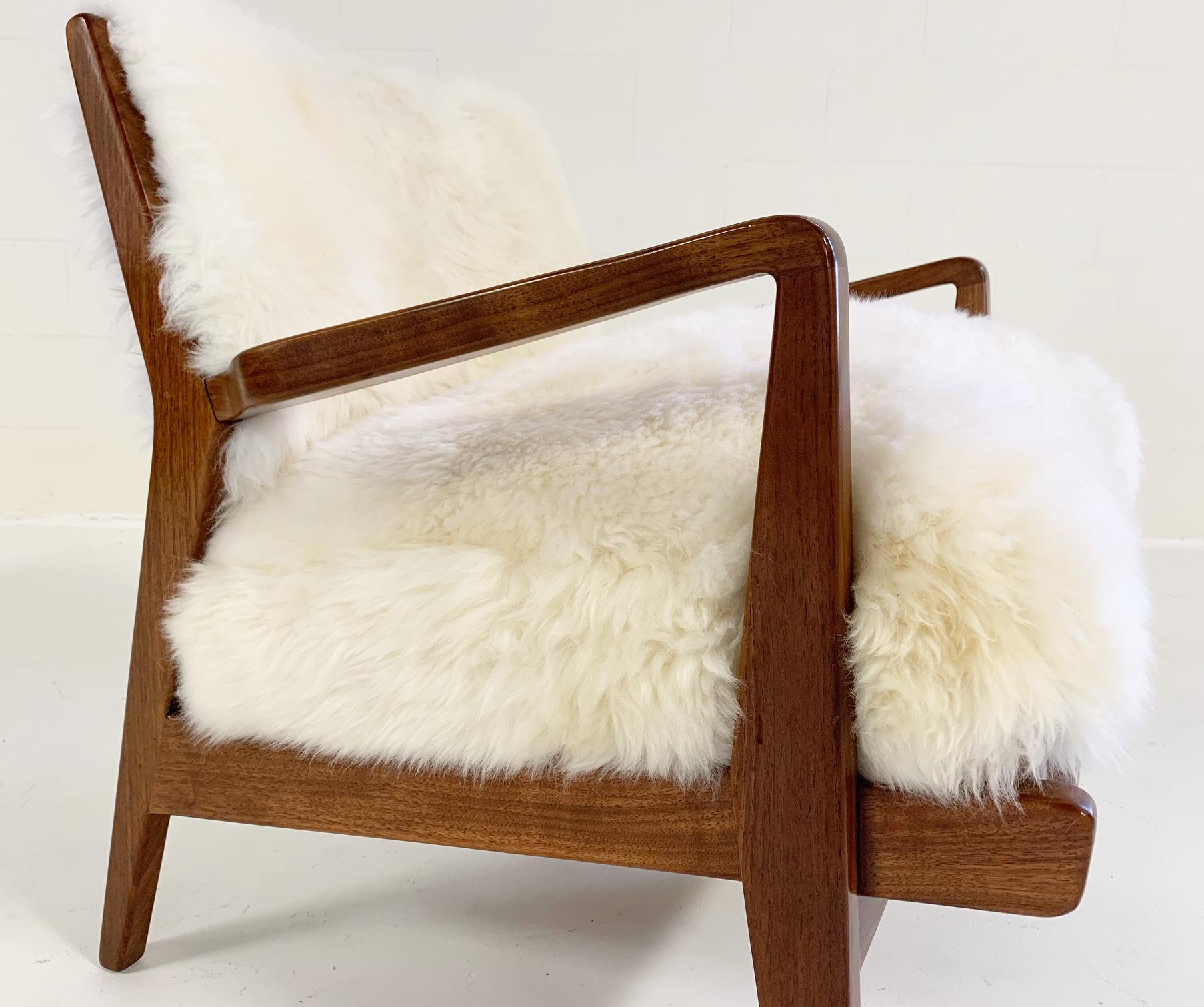 Vintage Jens Risom Lounge Chairs and Ottoman Restored in Brazilian Sheepskin 1