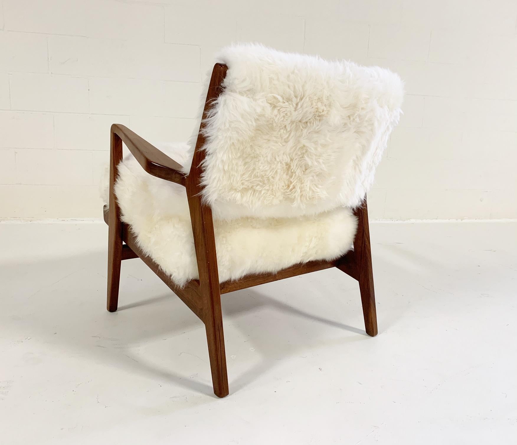Vintage Jens Risom Lounge Chairs and Ottoman Restored in Brazilian Sheepskin 2