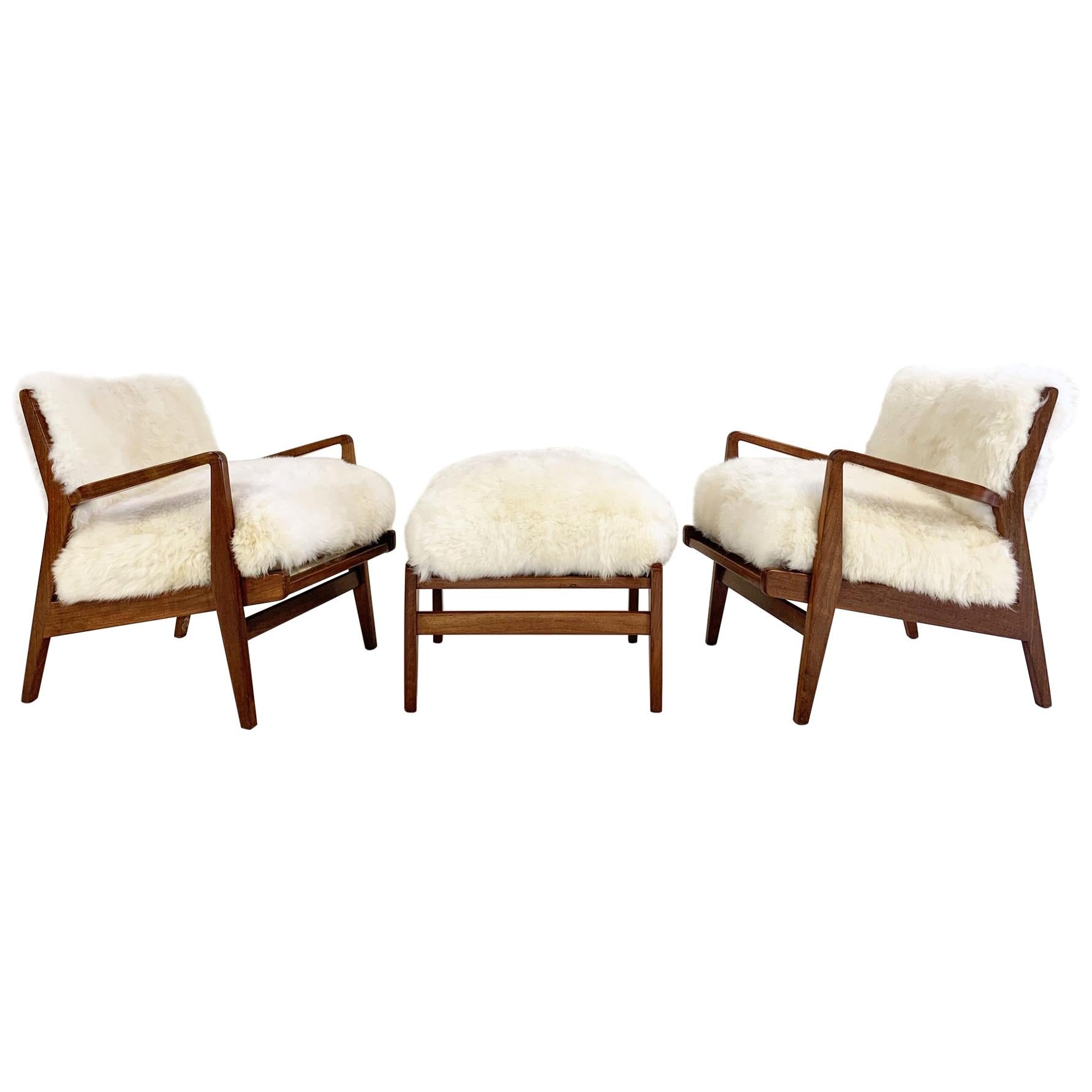 Vintage Jens Risom Lounge Chairs and Ottoman Restored in Brazilian Sheepskin